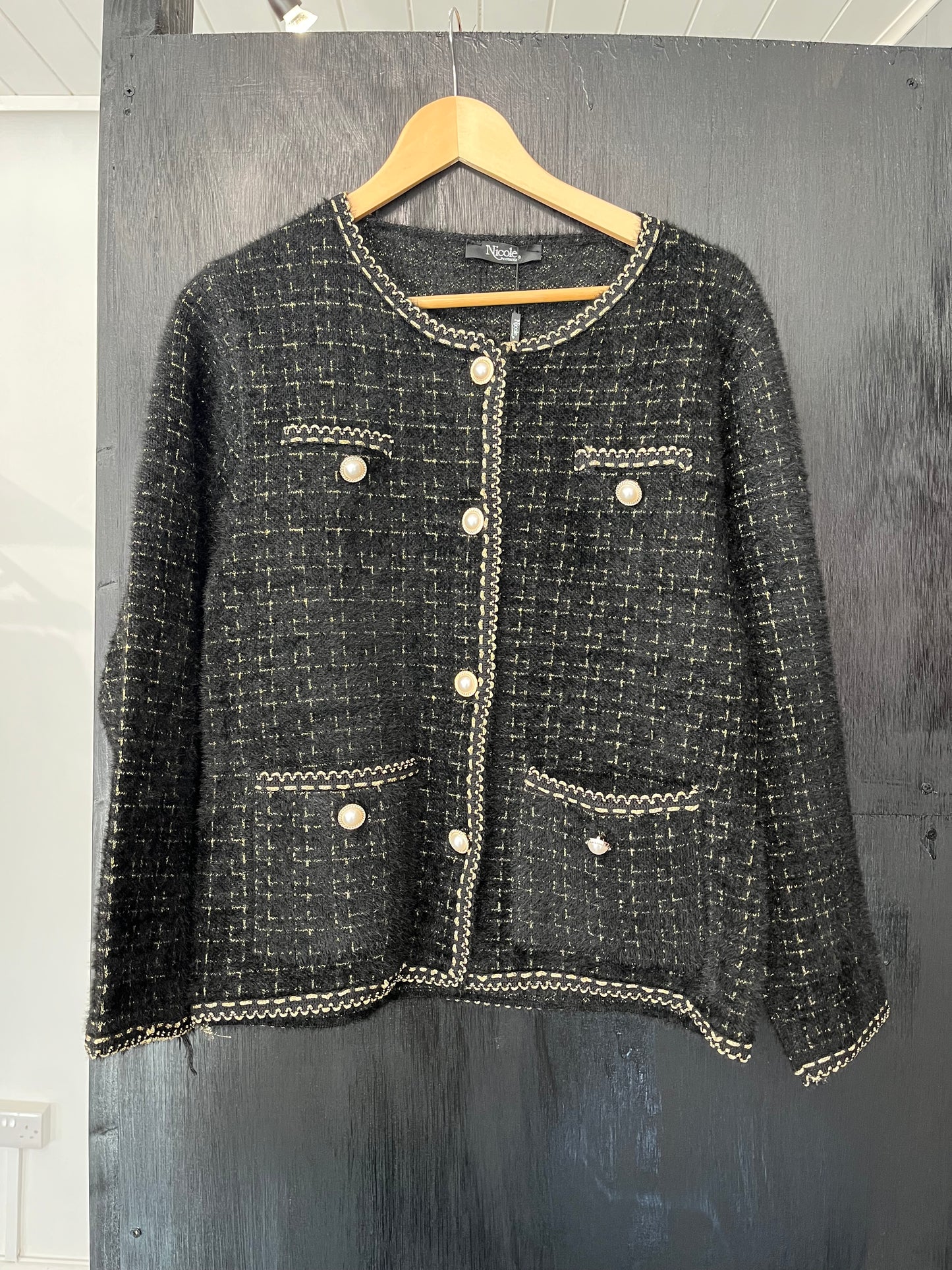 lurex embellished jacket with pearl buttons and pockets