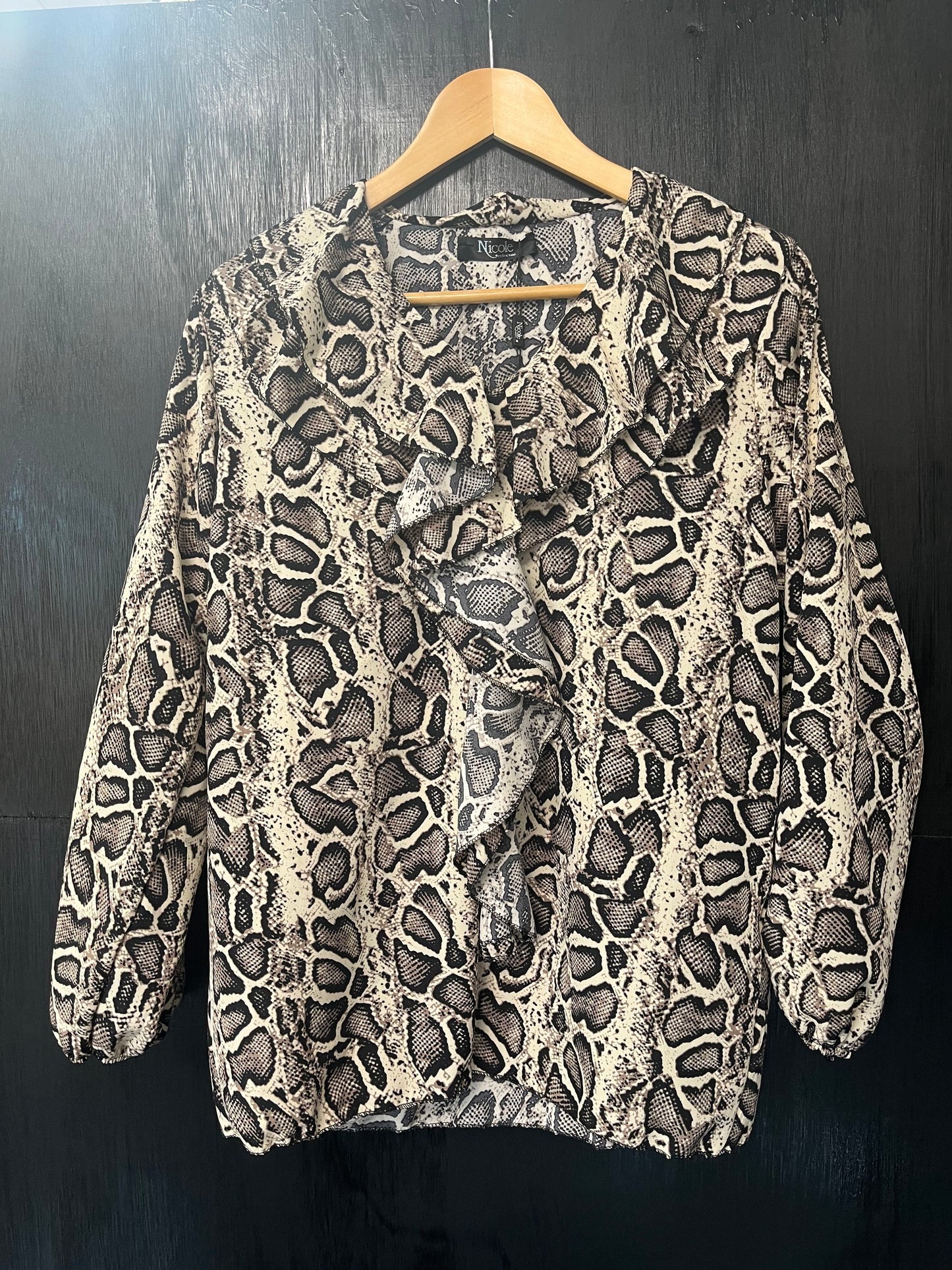 Animal print ruffle neck long slv blouse