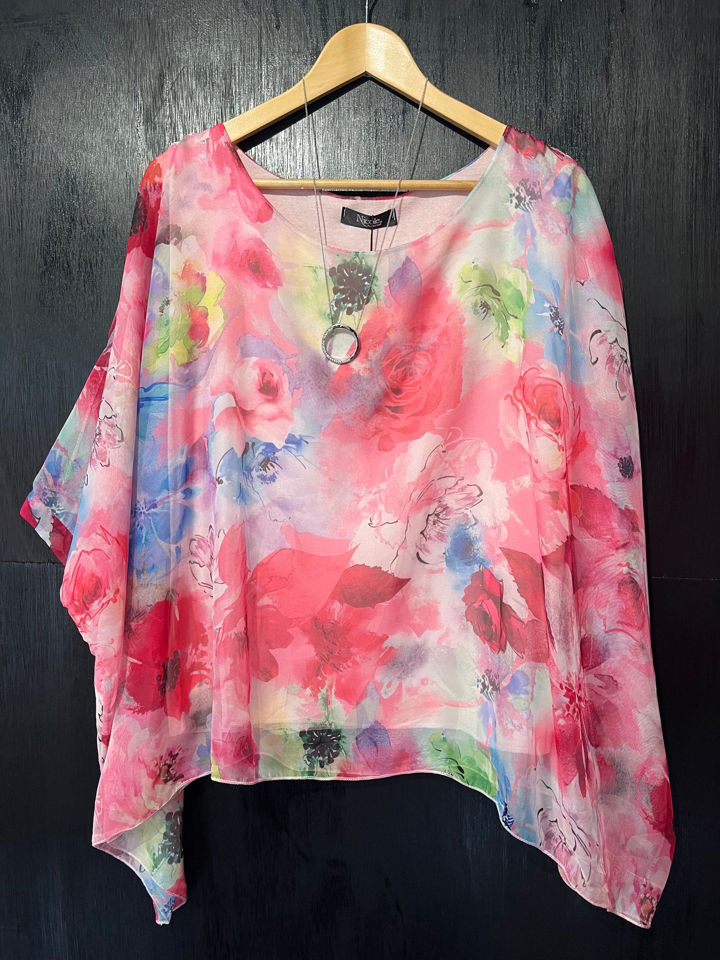 soft printed chiffon cape top with attached lined vest and stunning necklace