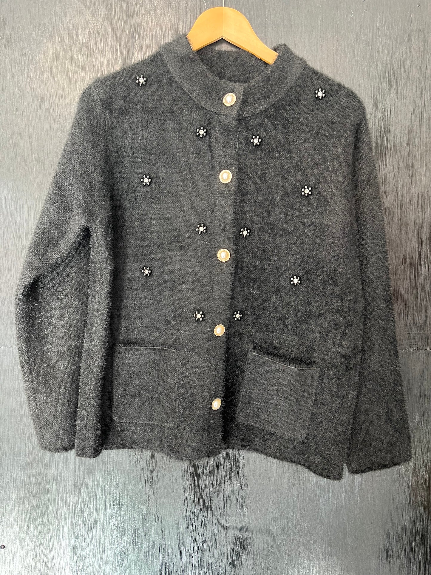 wool style crop jacket with peal buttons and stone and diamanté details