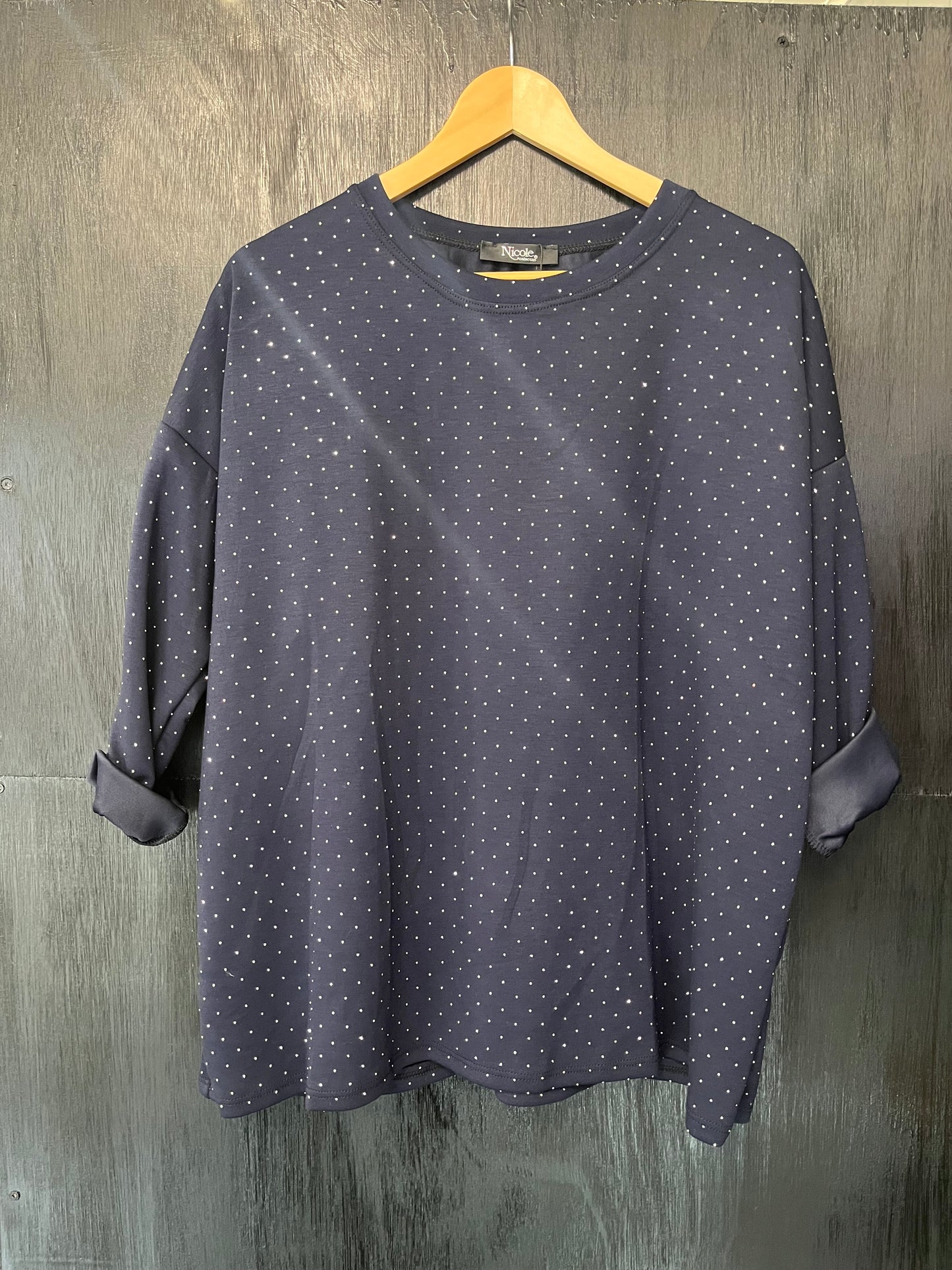 long sleeve sweat top with all over studded embellishment