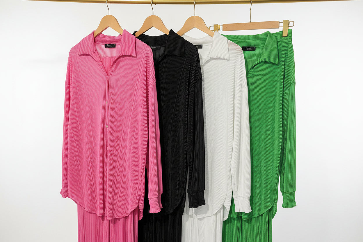 ladies 2pc plisse shirt and trouser set