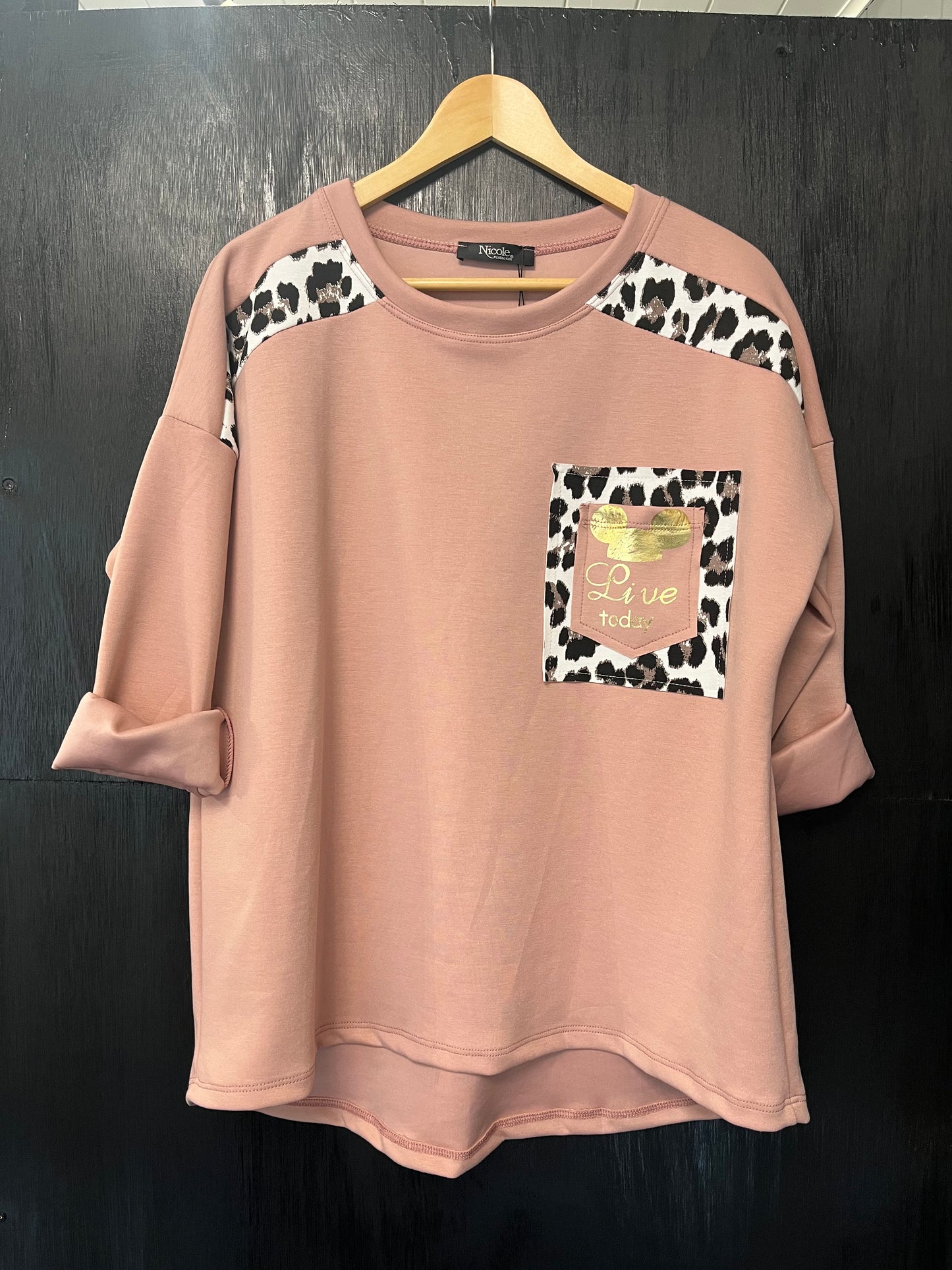 sweat top jumper with animal print edging and foil print