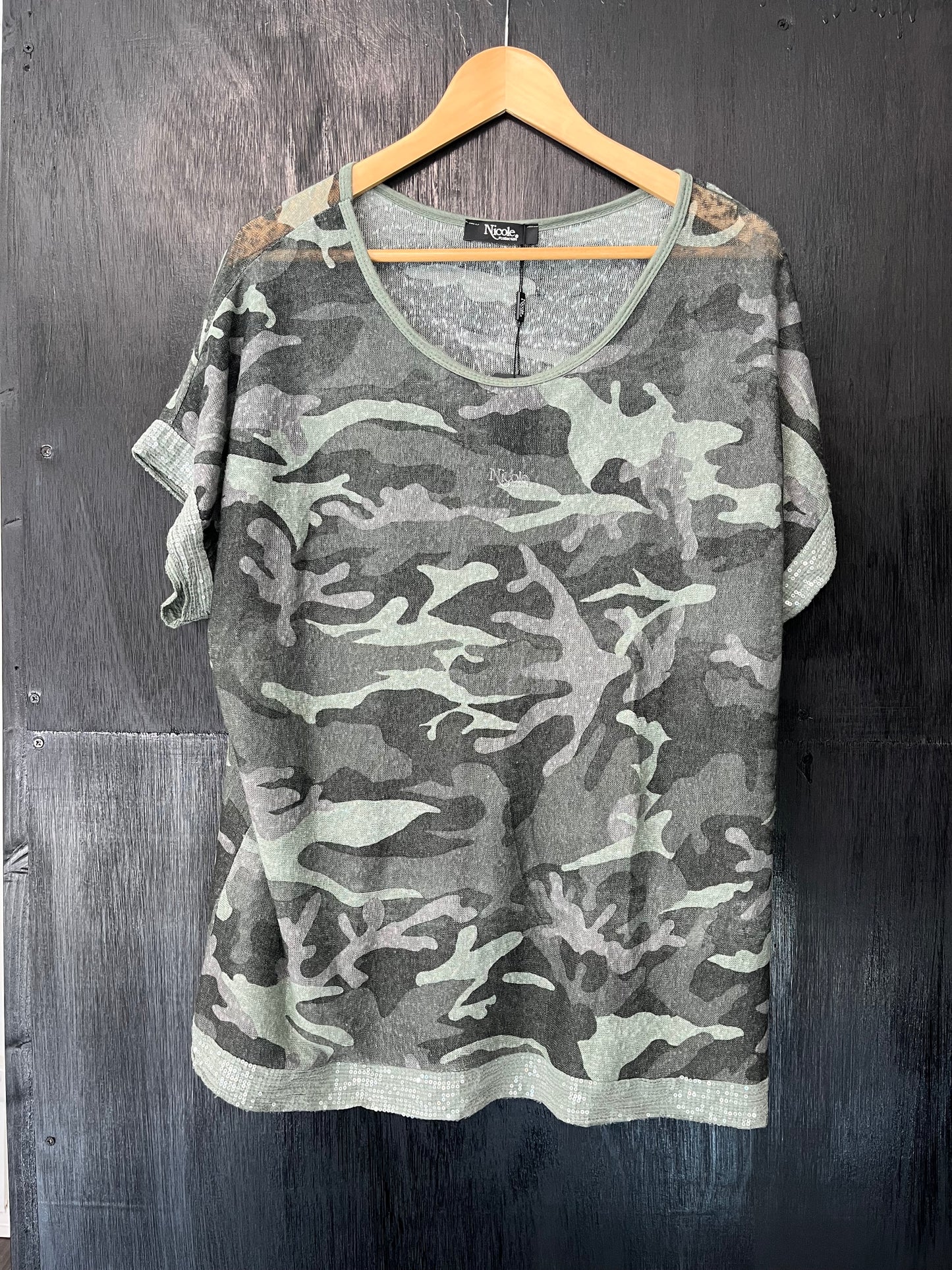 sequin cuff and hem camo print tee with matching scarf