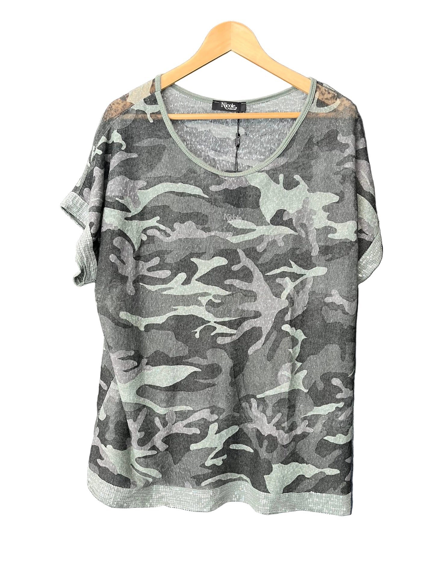 sequin cuff and hem camo print tee with matching scarf