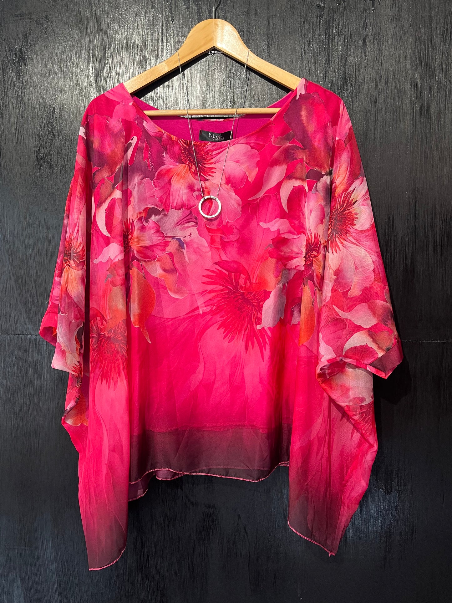 soft printed chiffon cape top with attached lined vest and stunning necklace