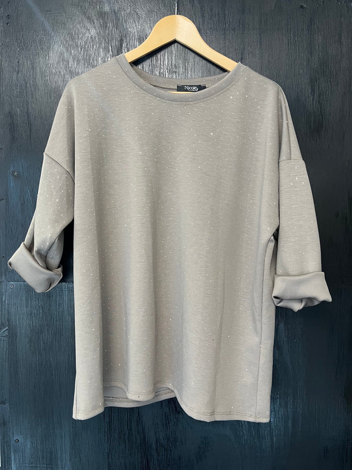 long sleeve sweat top with all over studded embellishment