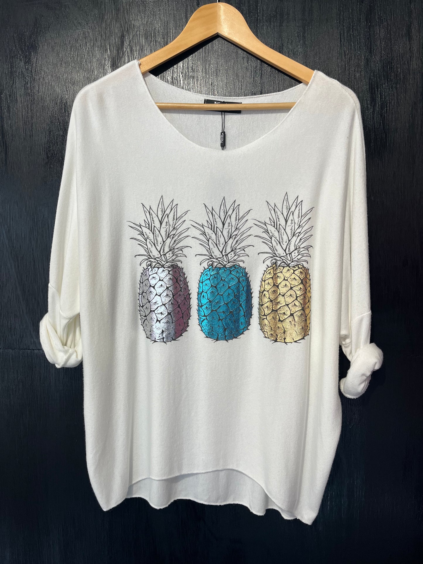 light knit jumper with foil pineapple center print