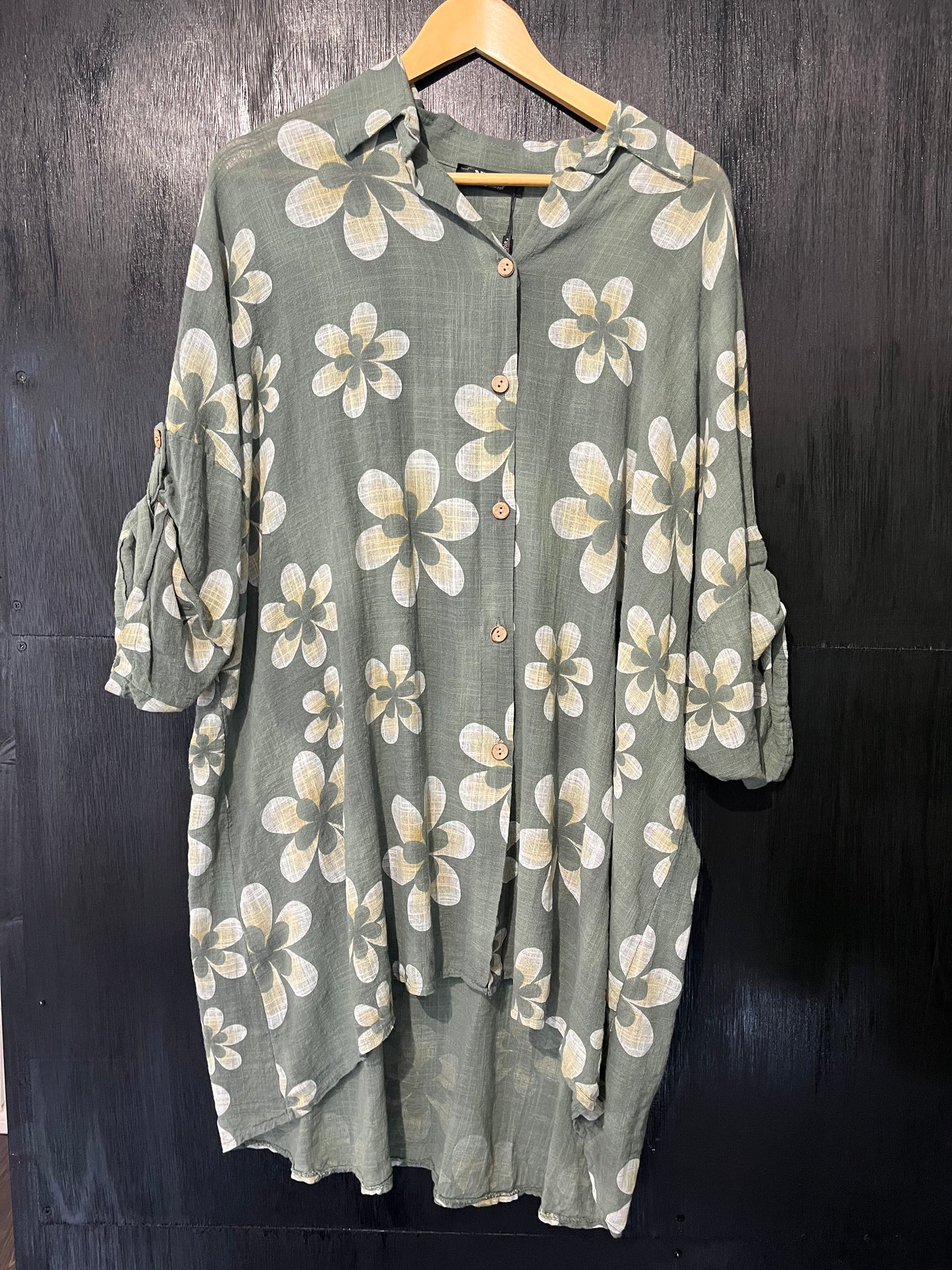 long line all over floral print button shirt with button roll slv
