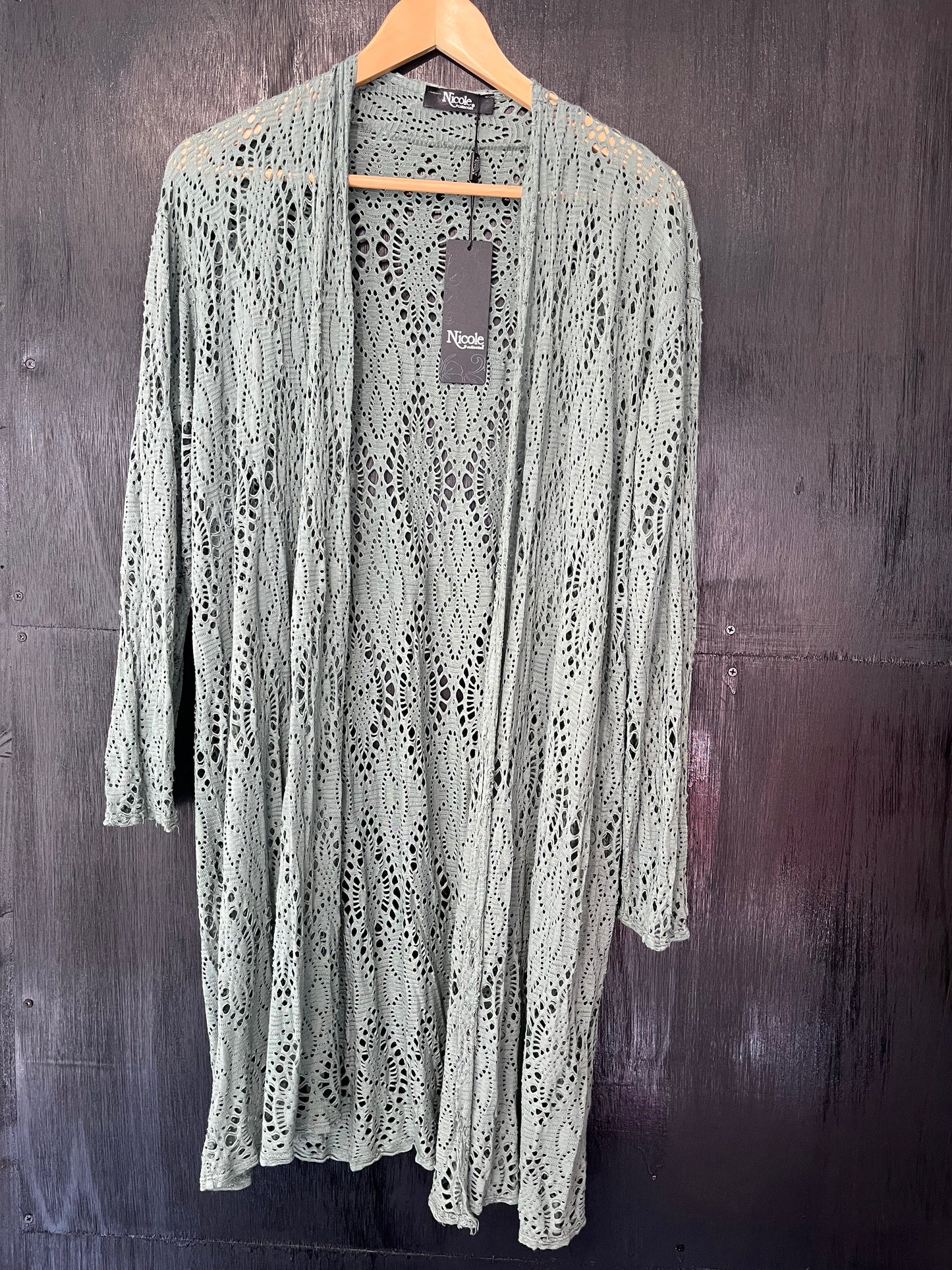 cotton crochet long line long slv coverup cardi