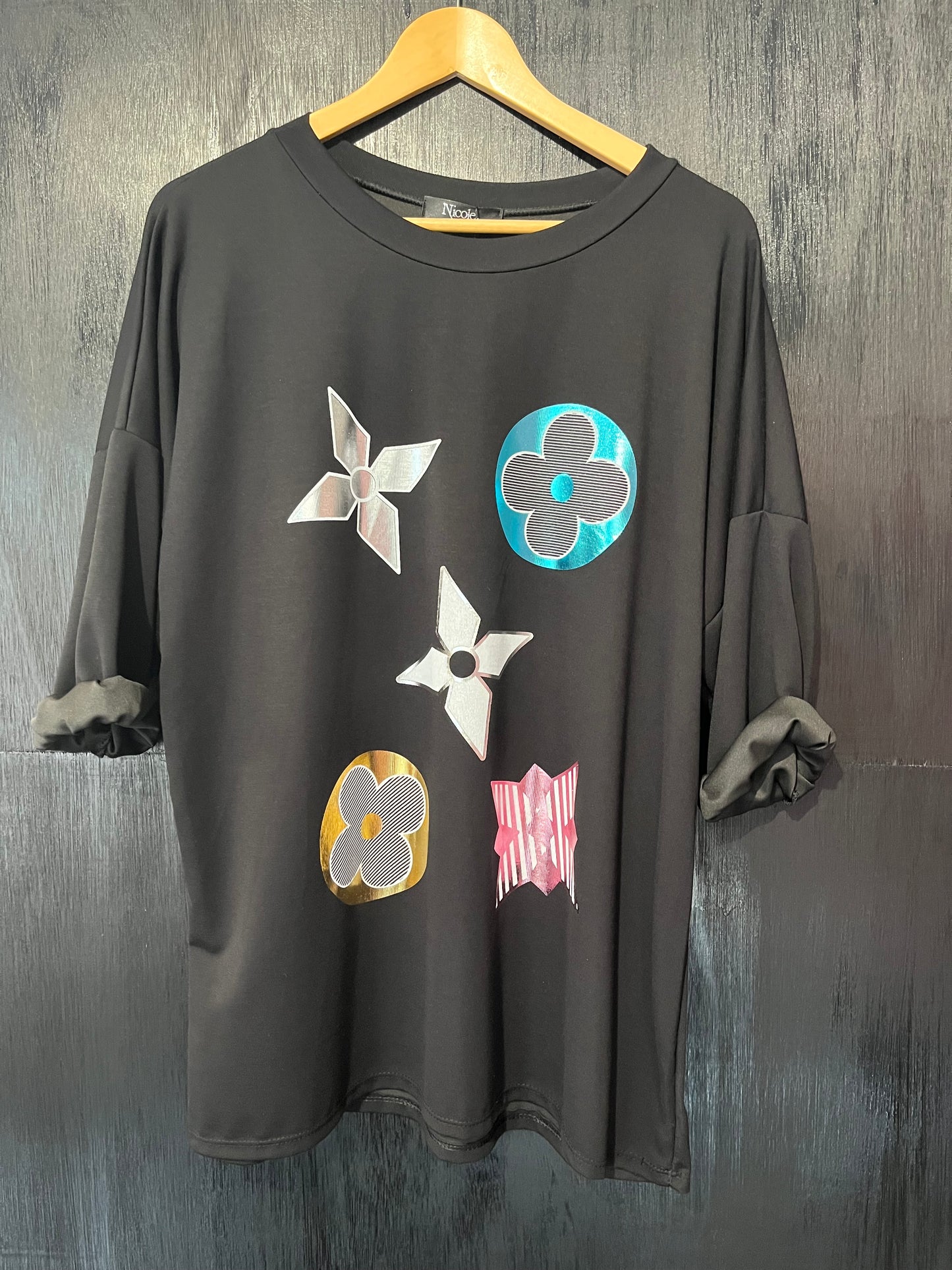 sweat top in scuba fabric top with a foil geometric placement print