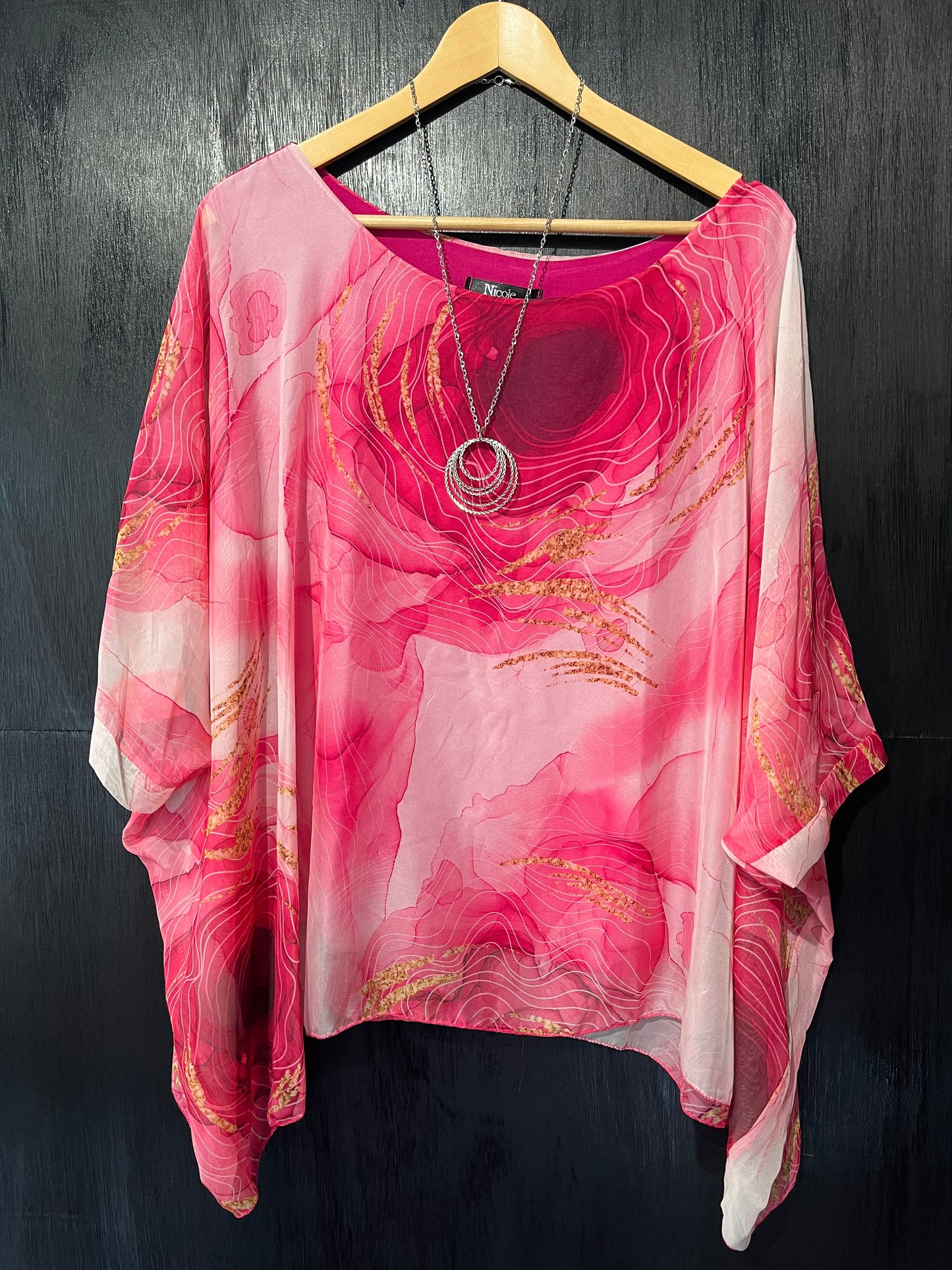 soft printed chiffon cape top with attached lined vest and stunning necklace