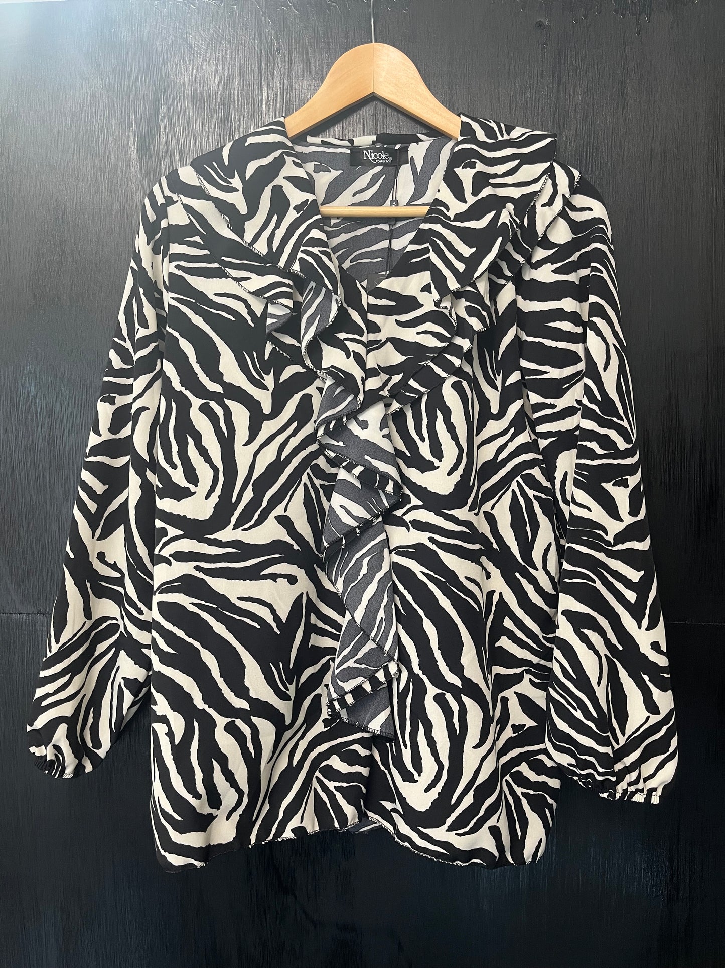 Animal print ruffle neck long slv blouse