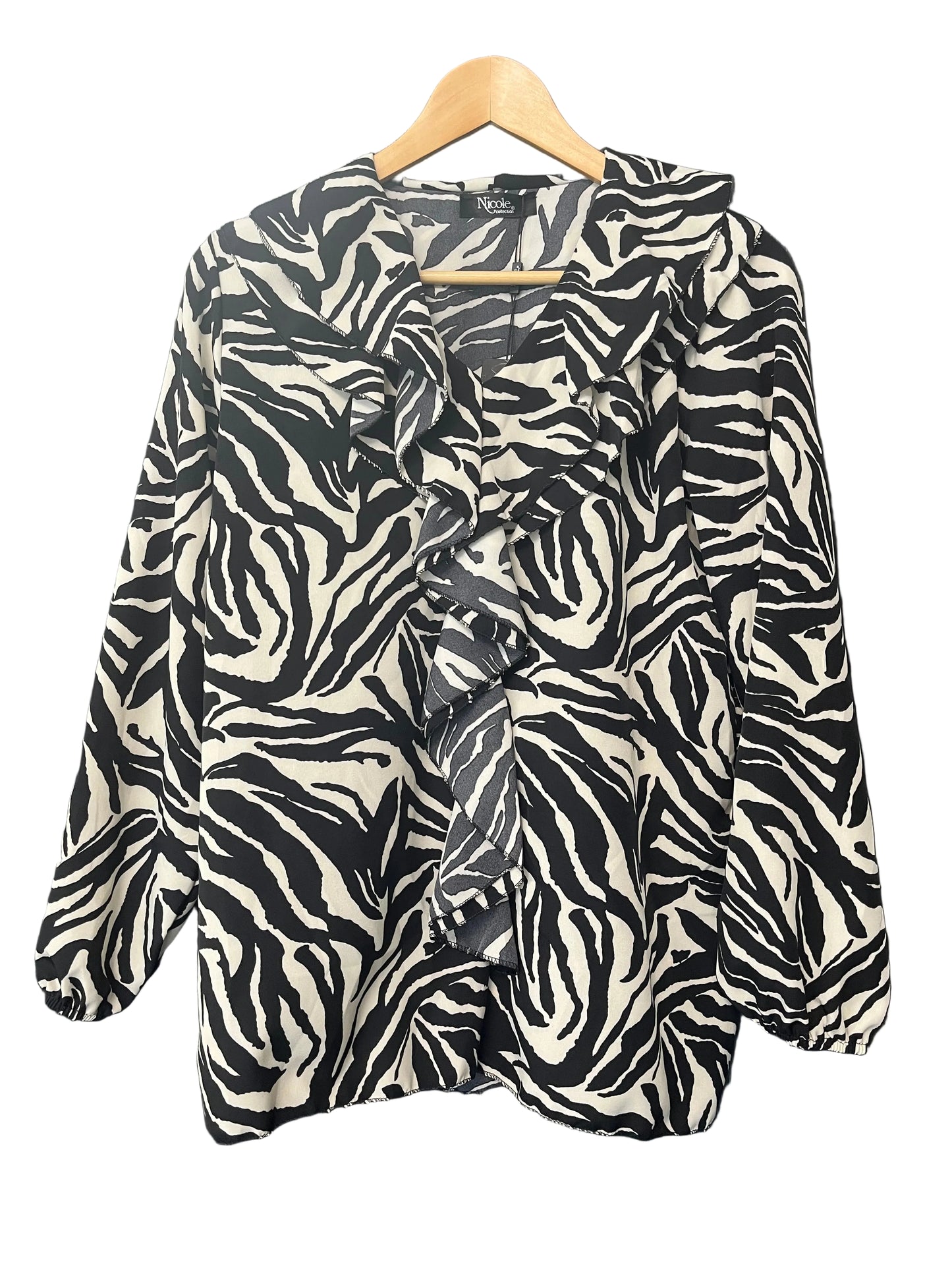 Animal print ruffle neck long slv blouse