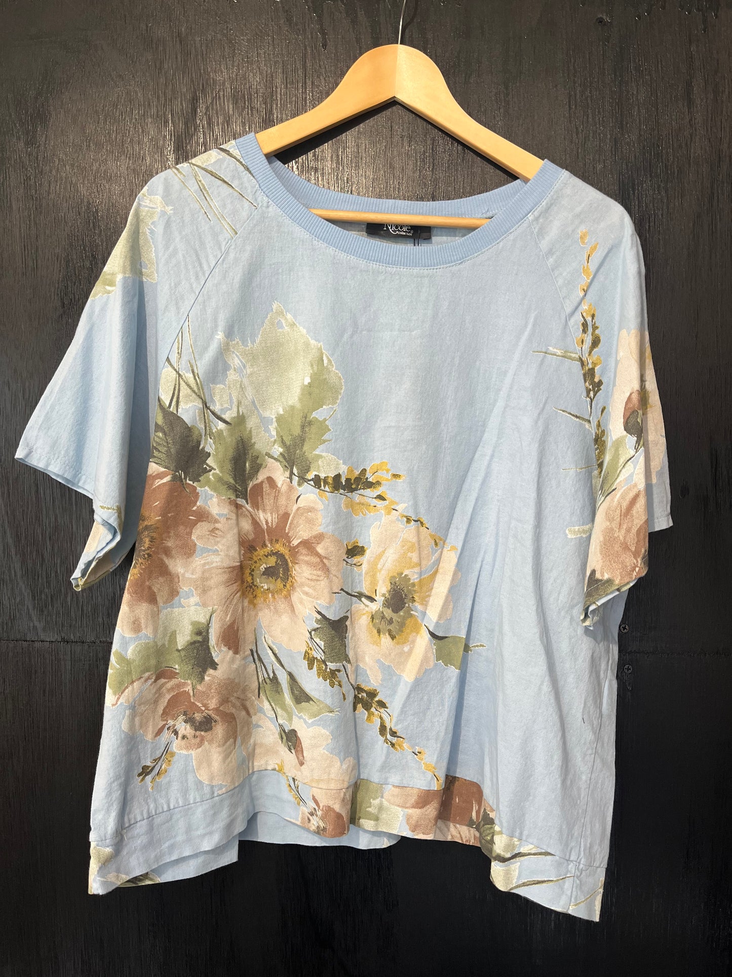 ladies box tee with all over floral print and ribbed neckline