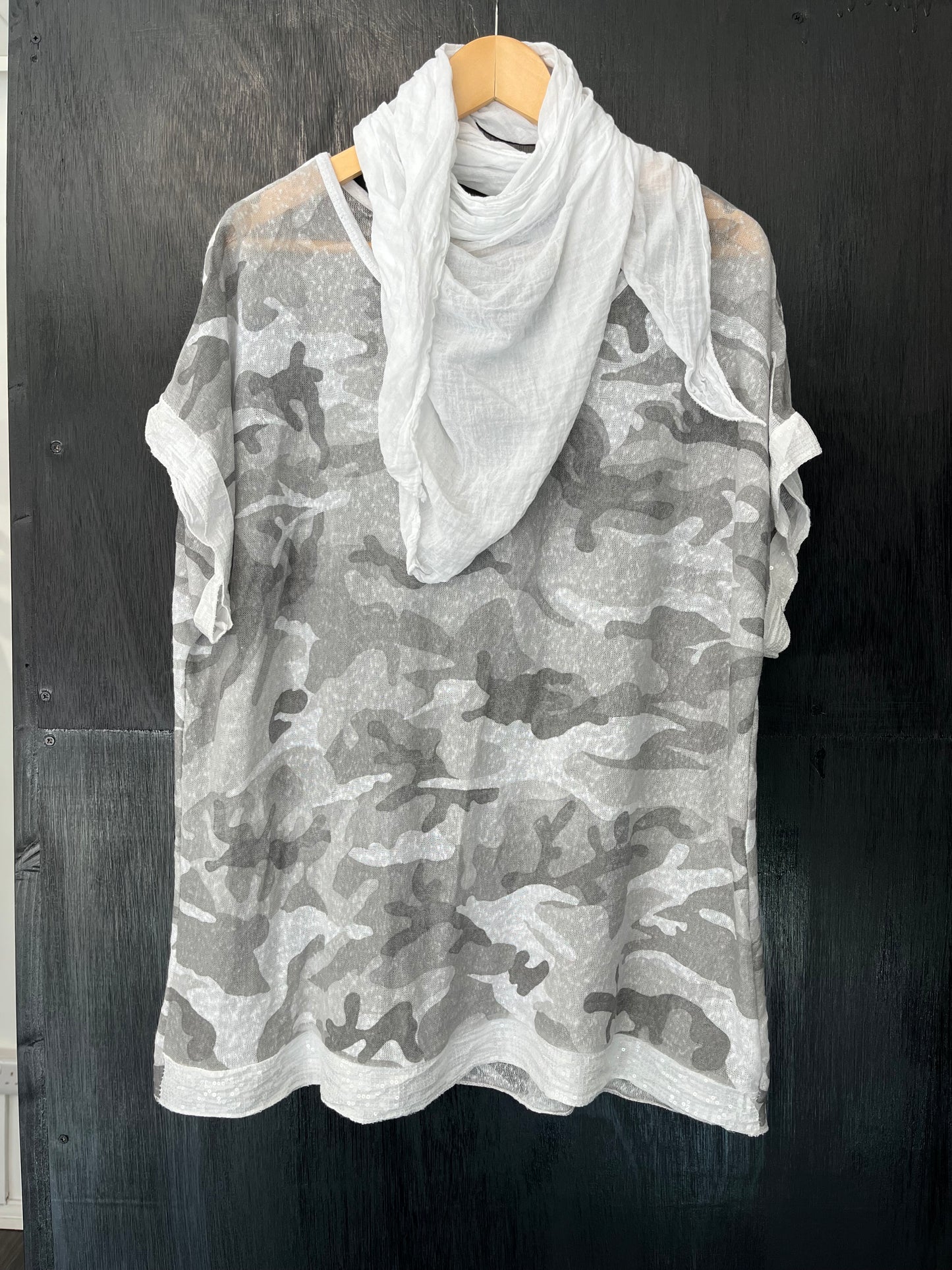 sequin cuff and hem camo print tee with matching scarf