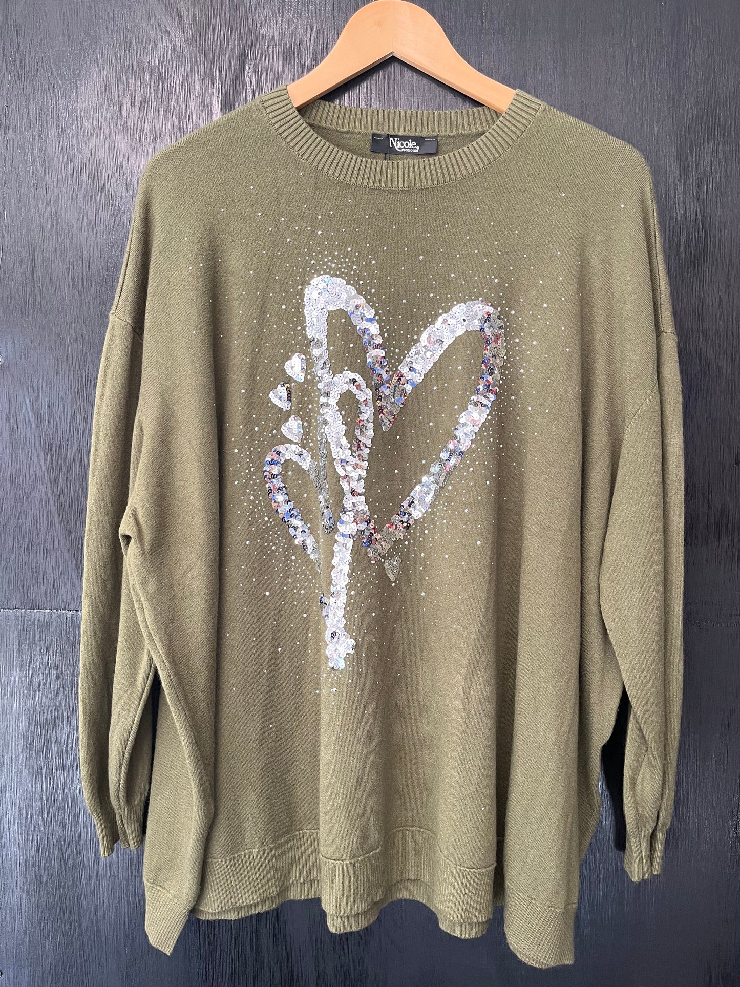 light knit jumper with sequin and foil heart print front