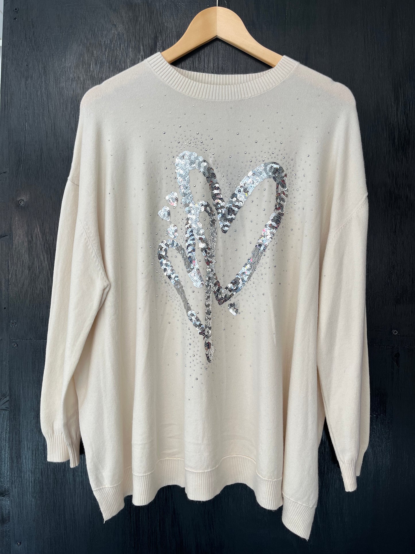 light knit jumper with sequin and foil heart print front