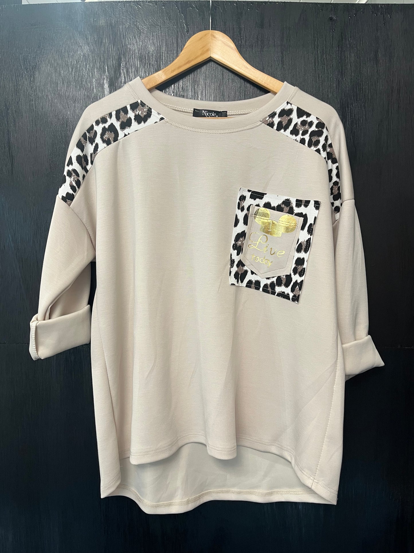 sweat top jumper with animal print edging and foil print