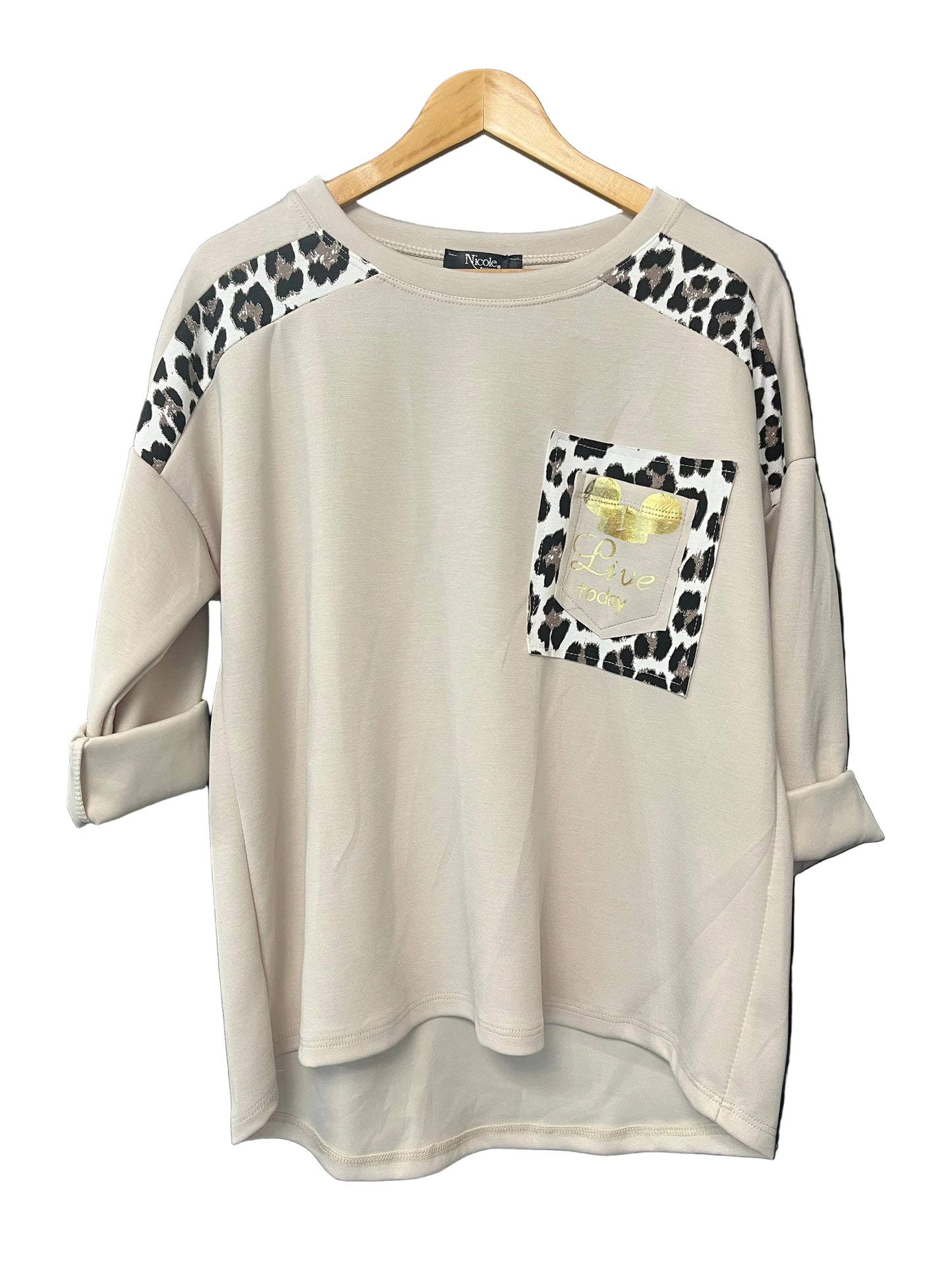 sweat top jumper with animal print edging and foil print