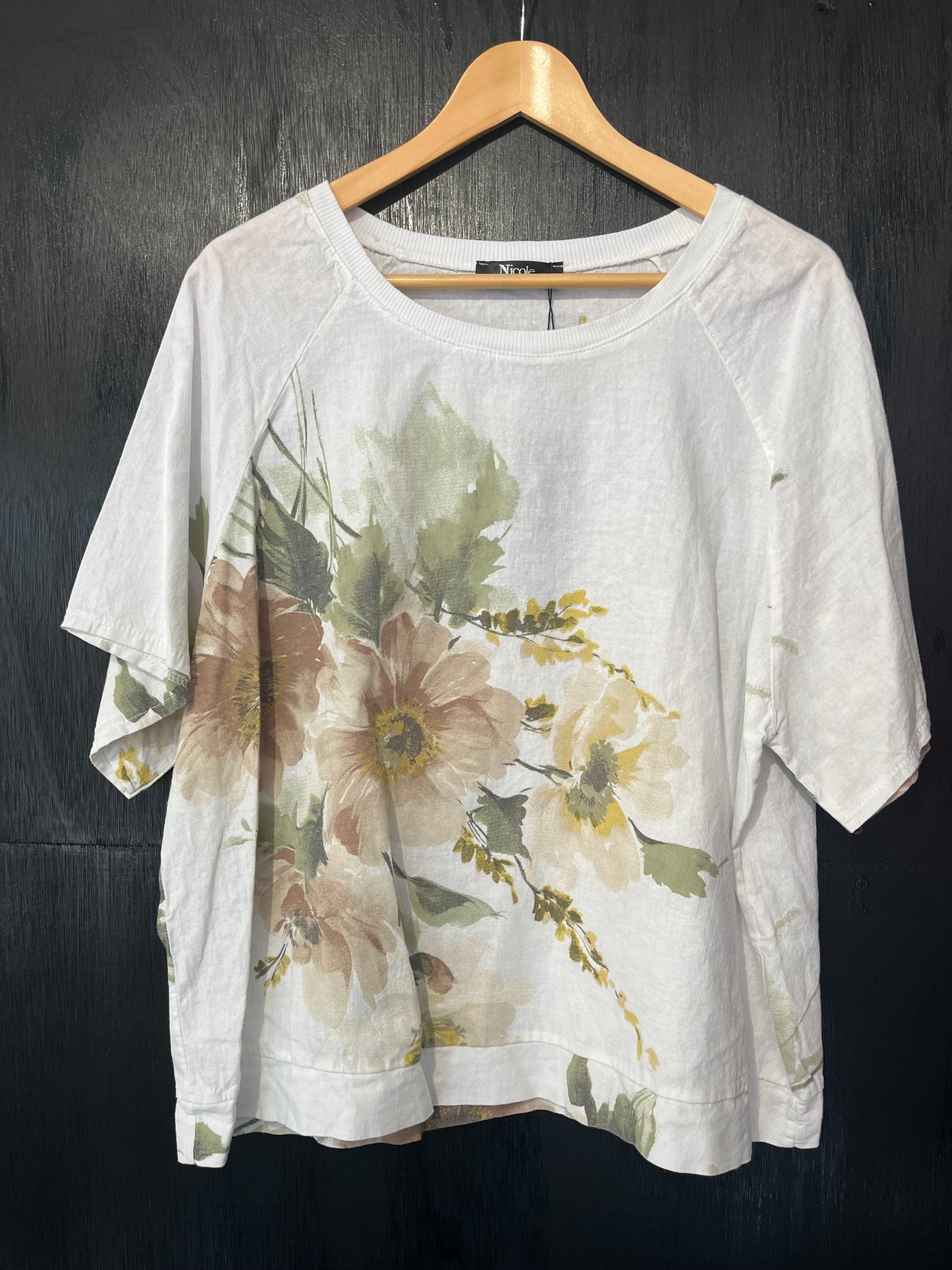 ladies box tee with all over floral print and ribbed neckline