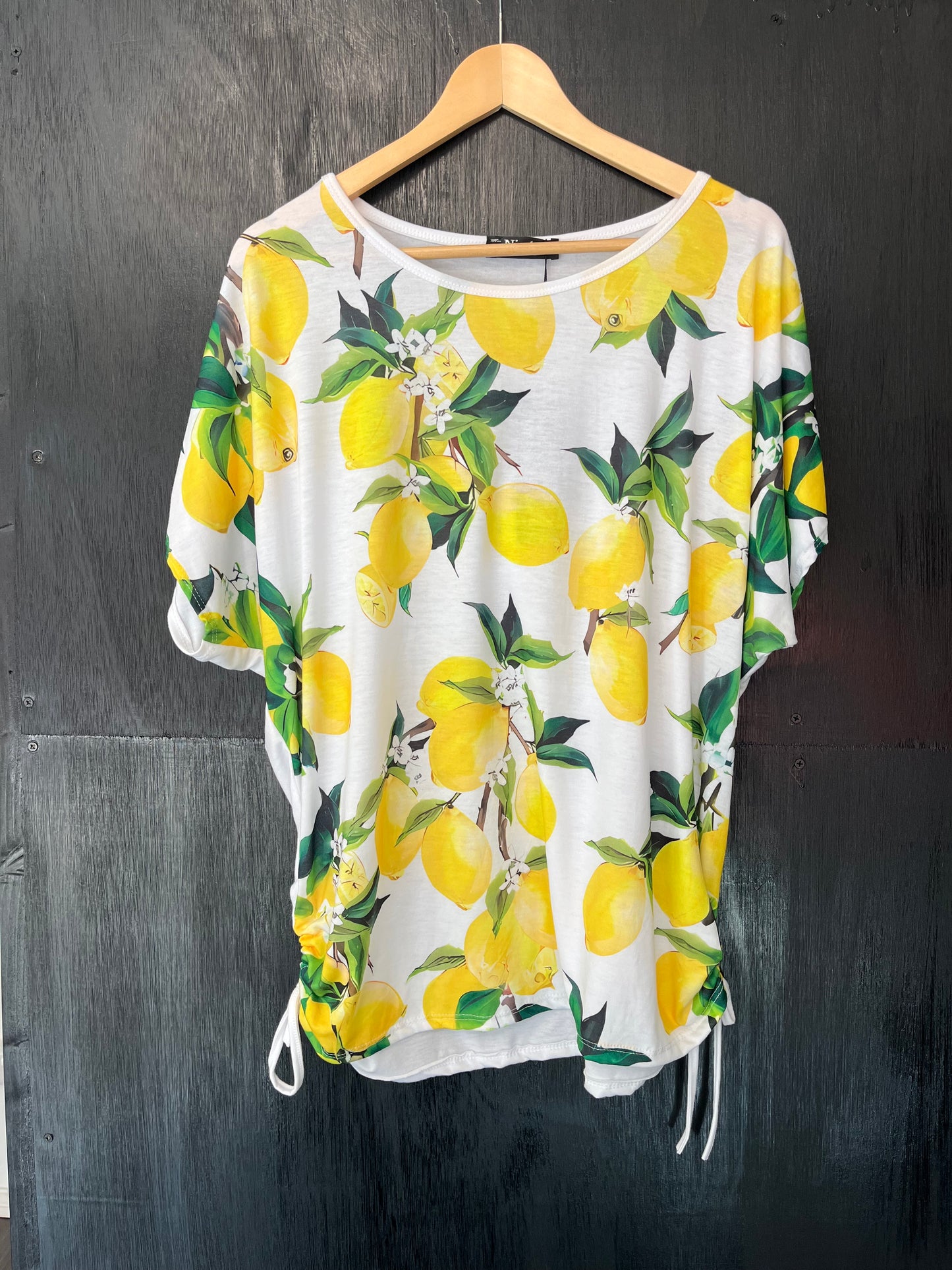 lemon print ruch side tunic top