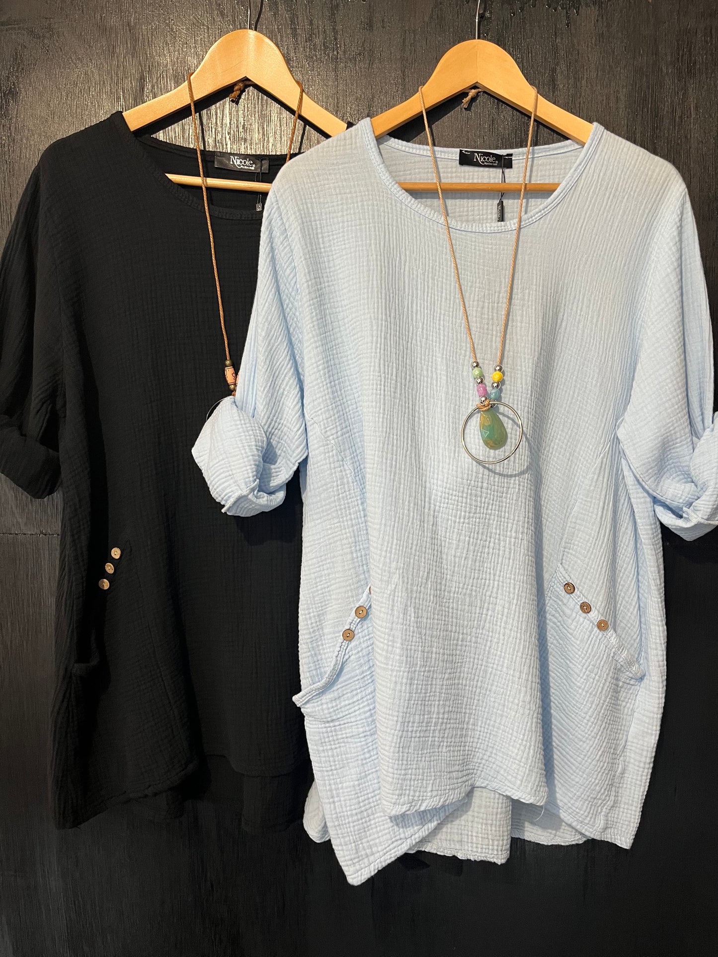button detail pocket tunic with necklace