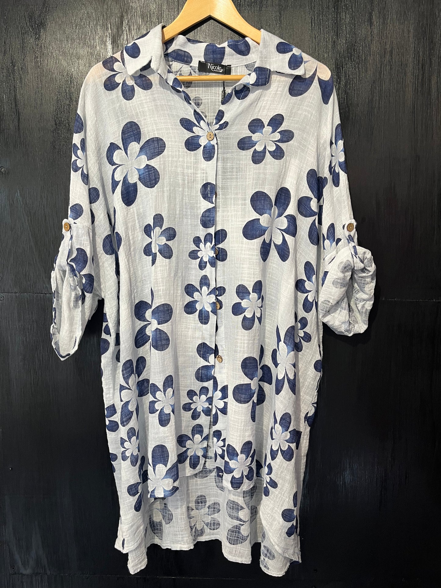 long line all over floral print button shirt with button roll slv