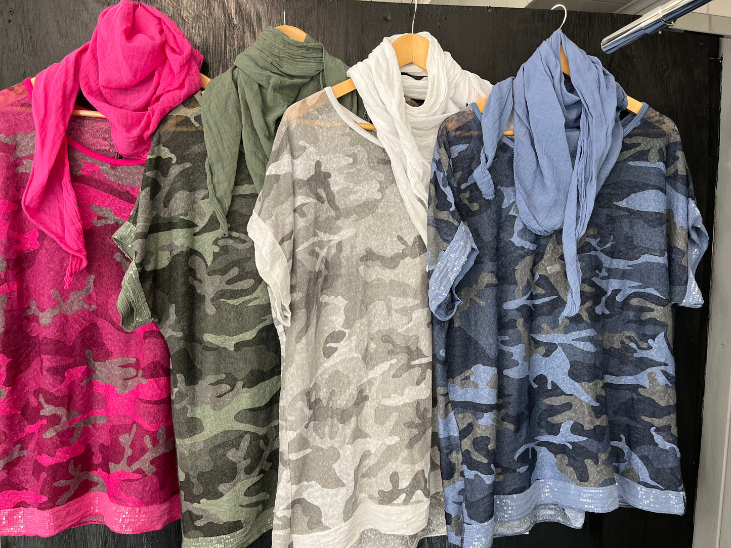 sequin cuff and hem camo print tee with matching scarf