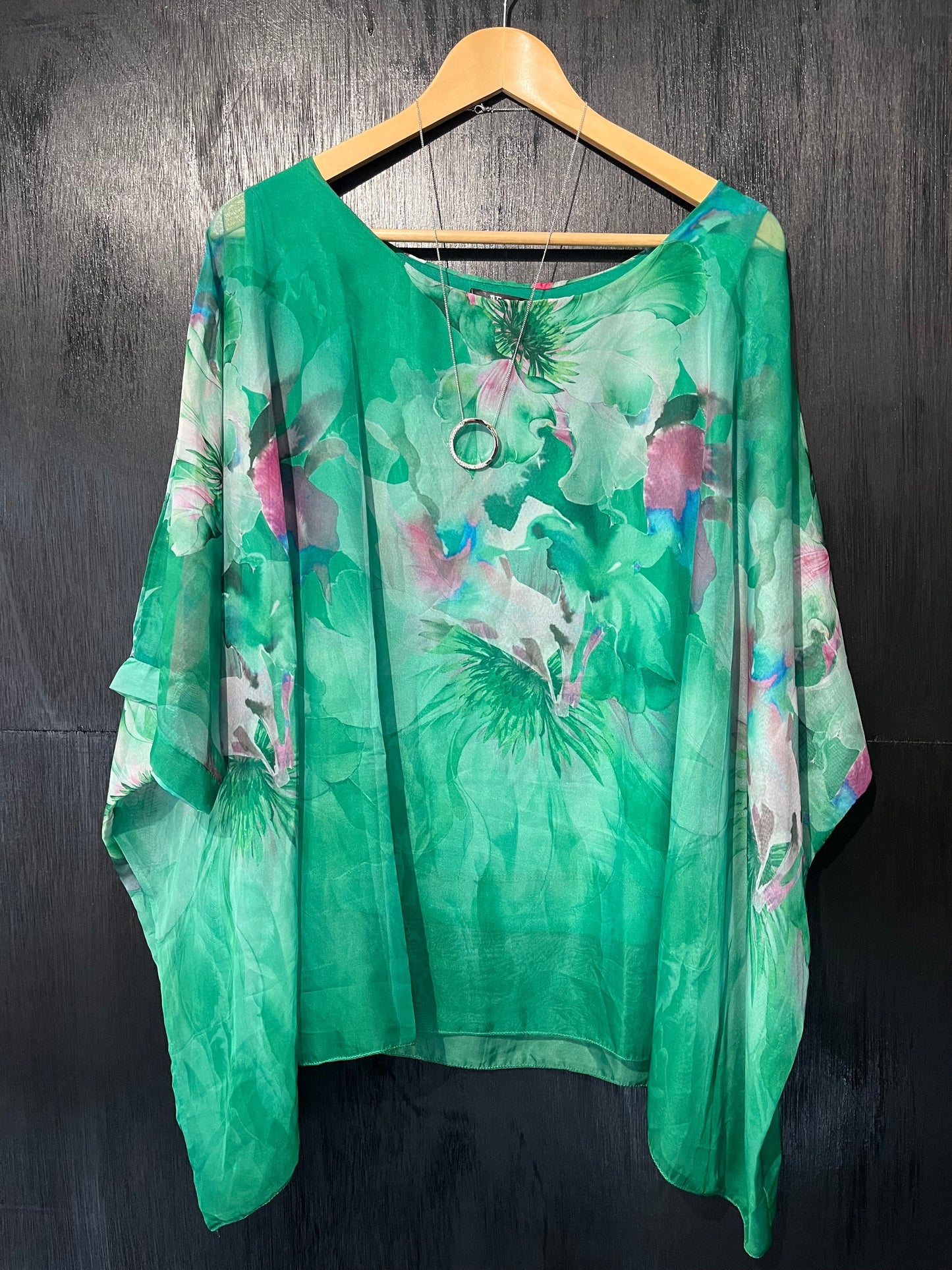 soft printed chiffon cape top with attached lined vest and stunning necklace