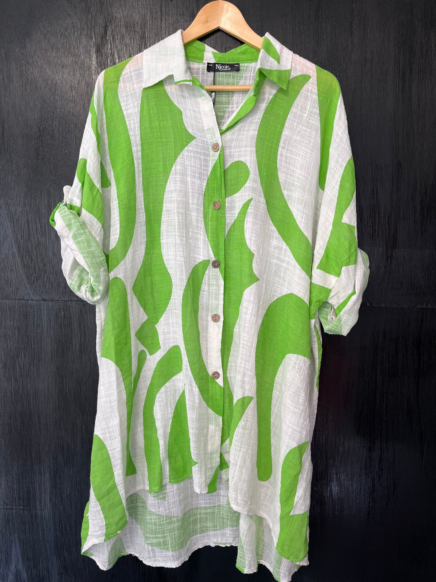 button roll slv long line puchi print shirt