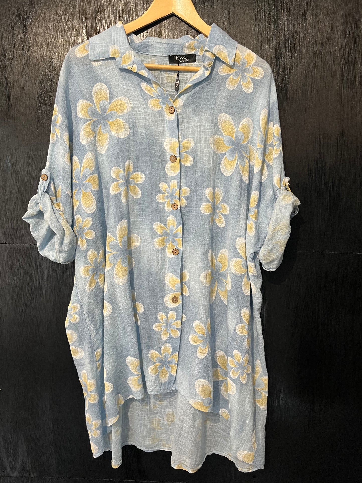 long line all over floral print button shirt with button roll slv