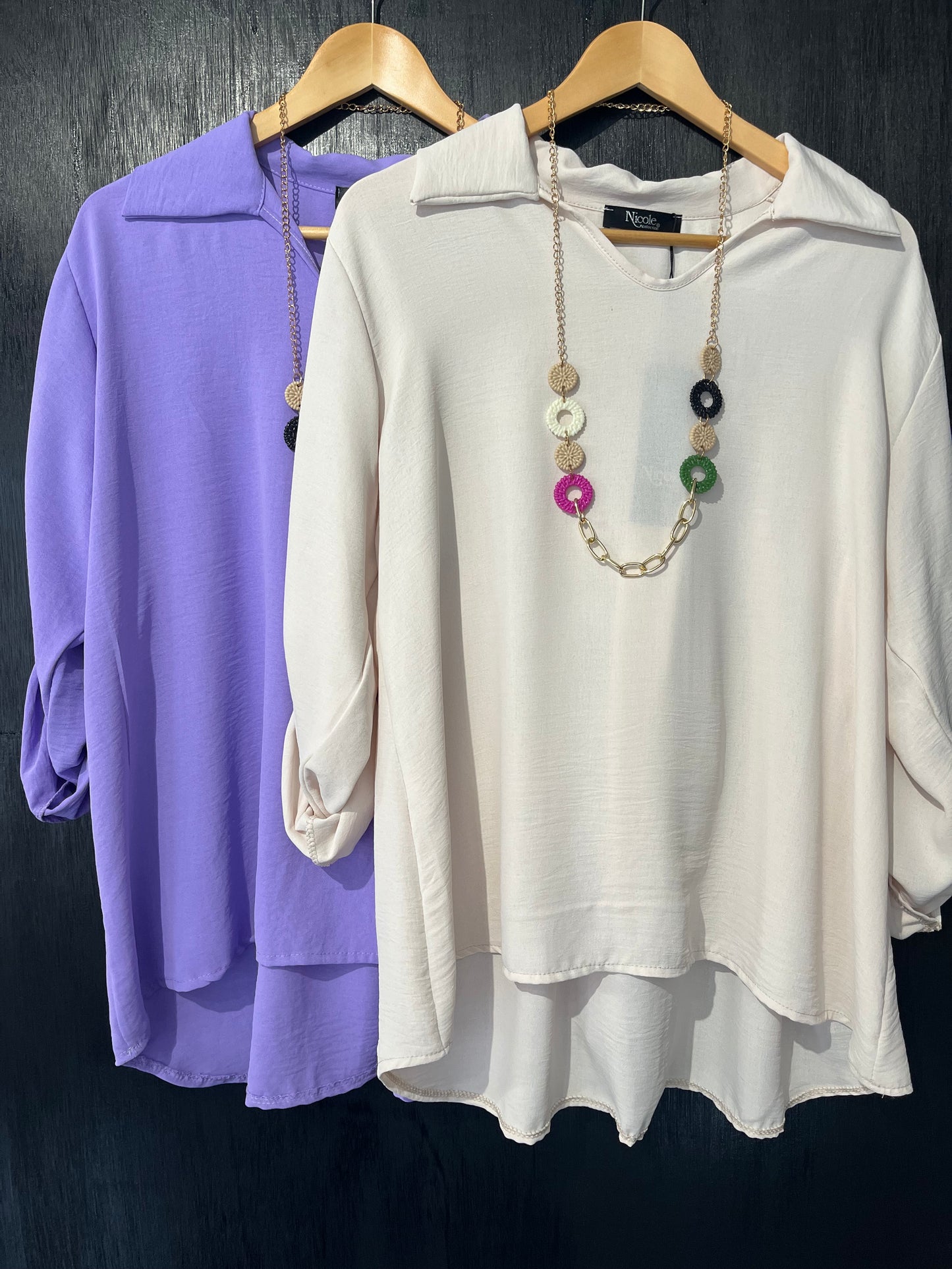 button roll slv shirt style top with necklace