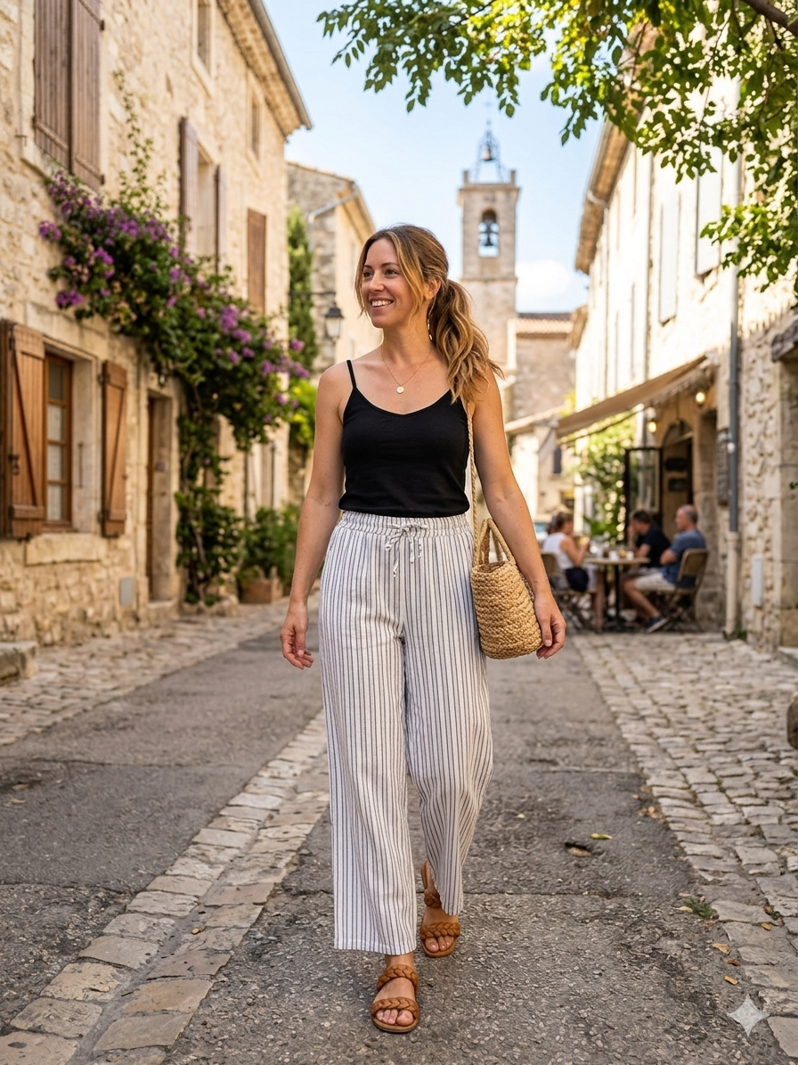light weight linen effect stripe trousers