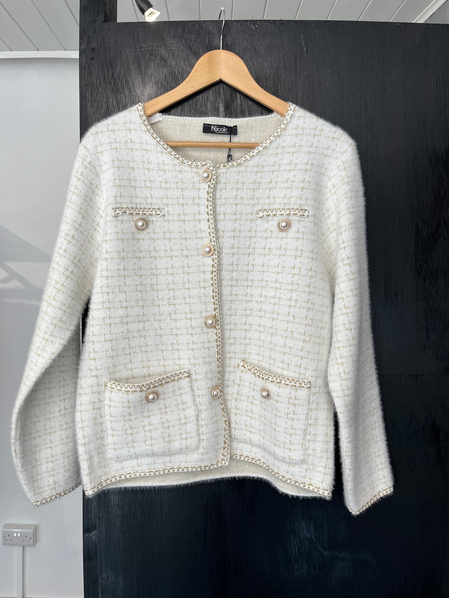 lurex embellished jacket with pearl buttons and pockets