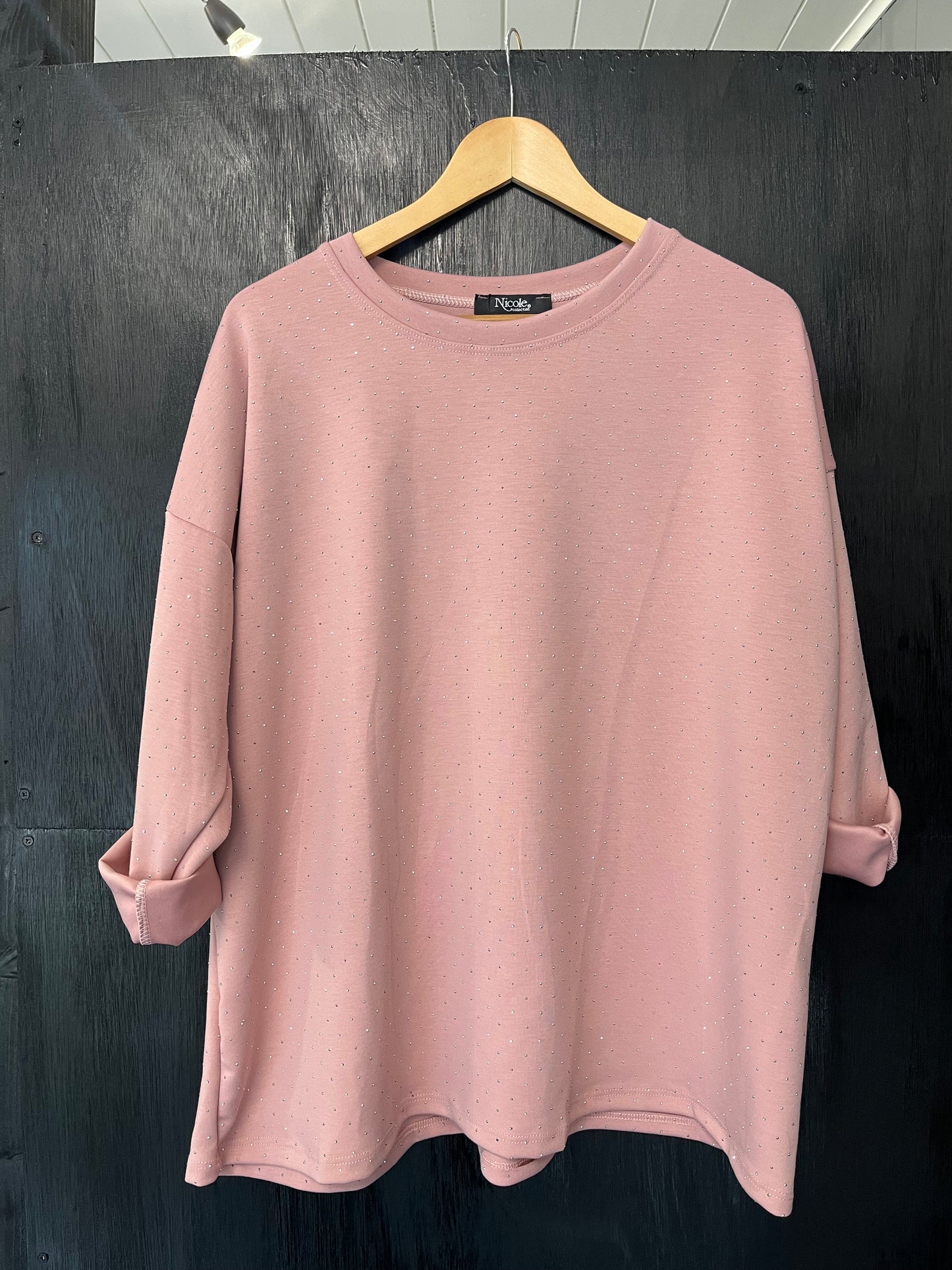 long sleeve sweat top with all over studded embellishment
