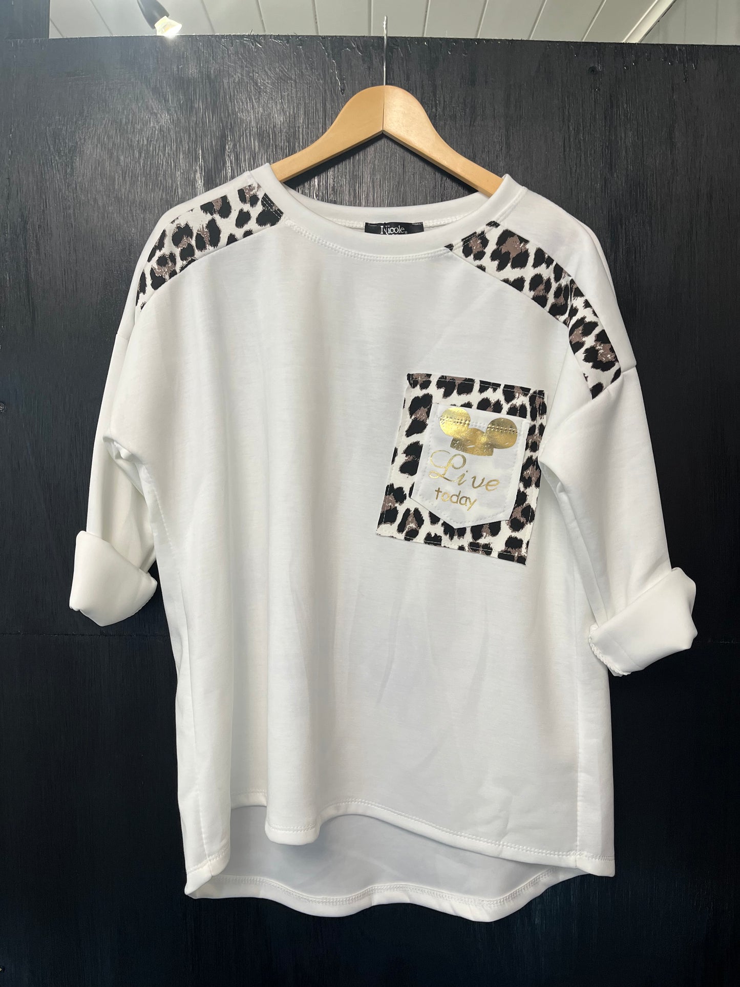 sweat top jumper with animal print edging and foil print