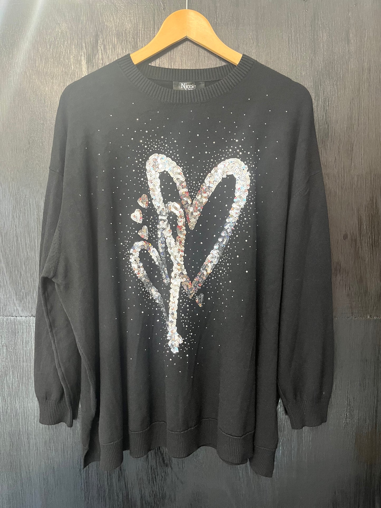 light knit jumper with sequin and foil heart print front