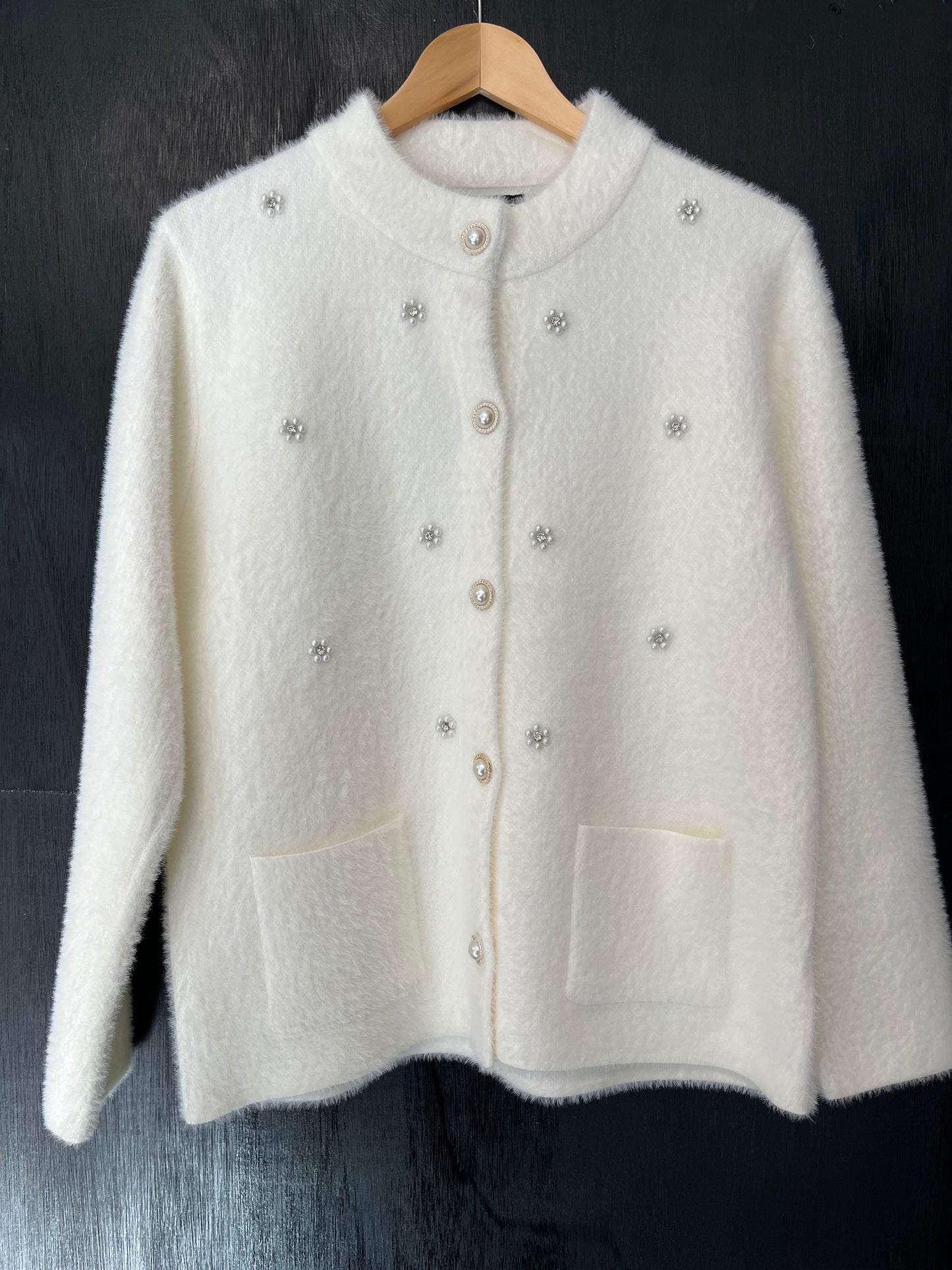 wool style crop jacket with peal buttons and stone and diamanté details