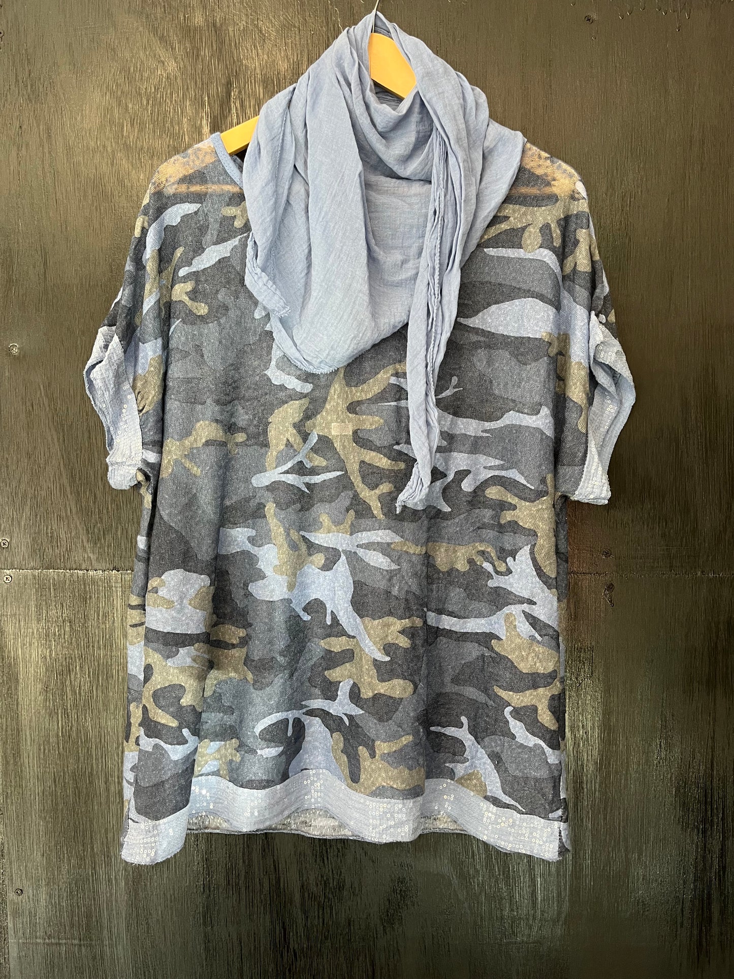 sequin cuff and hem camo print tee with matching scarf