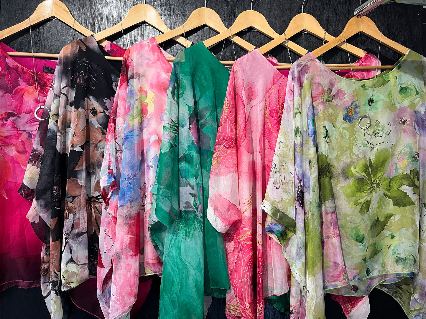 soft printed chiffon cape top with attached lined vest and stunning necklace