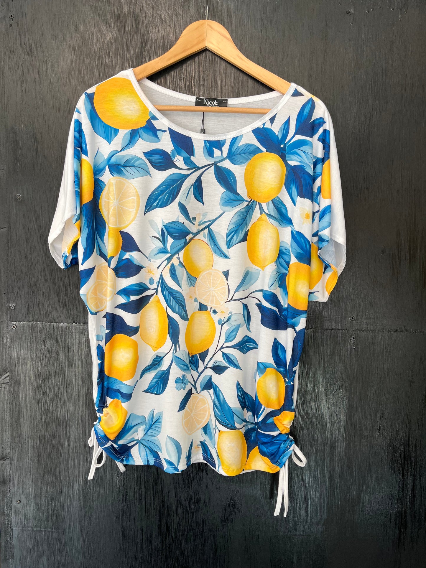lemon print ruch side tunic top
