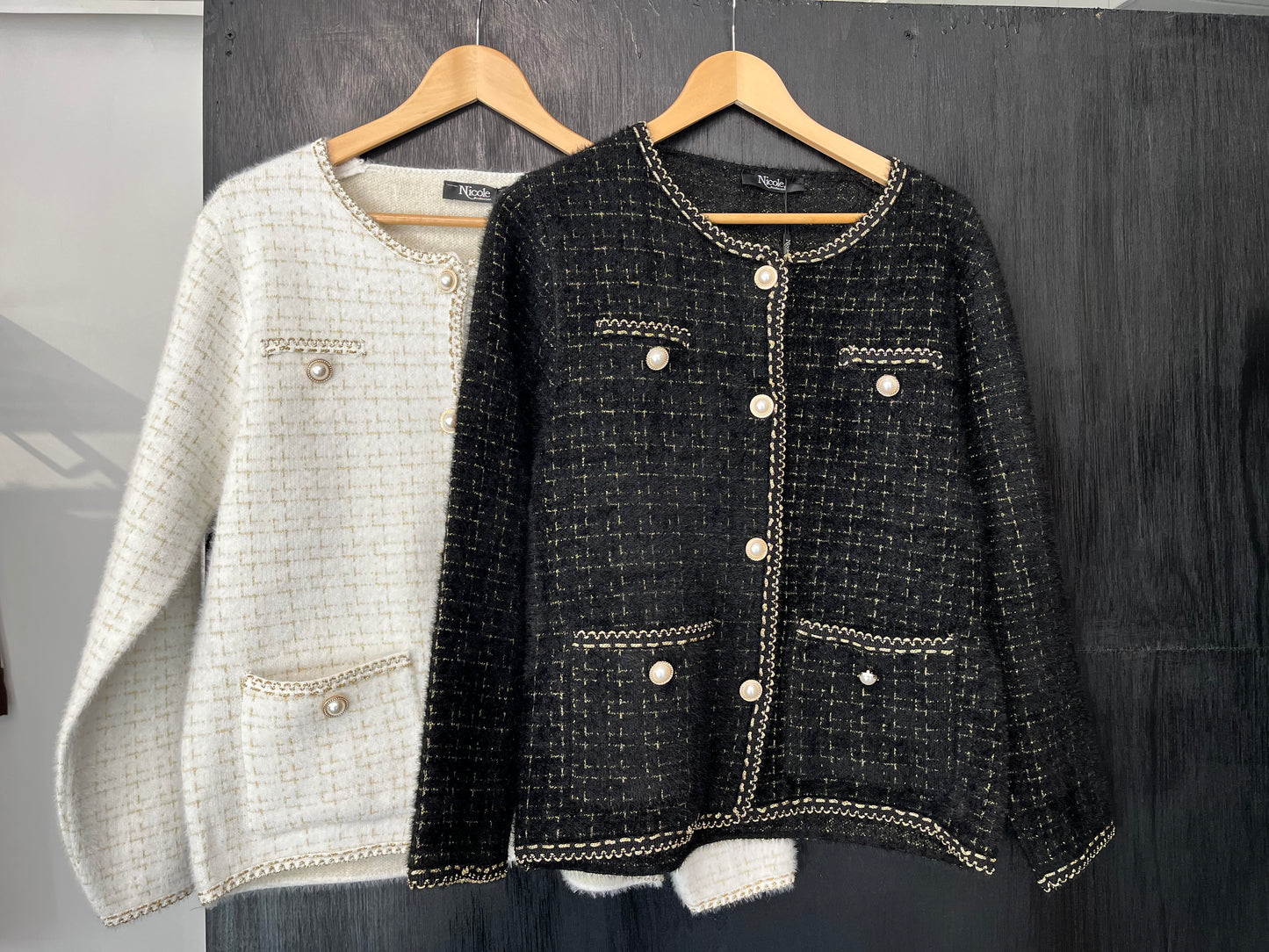 lurex embellished jacket with pearl buttons and pockets