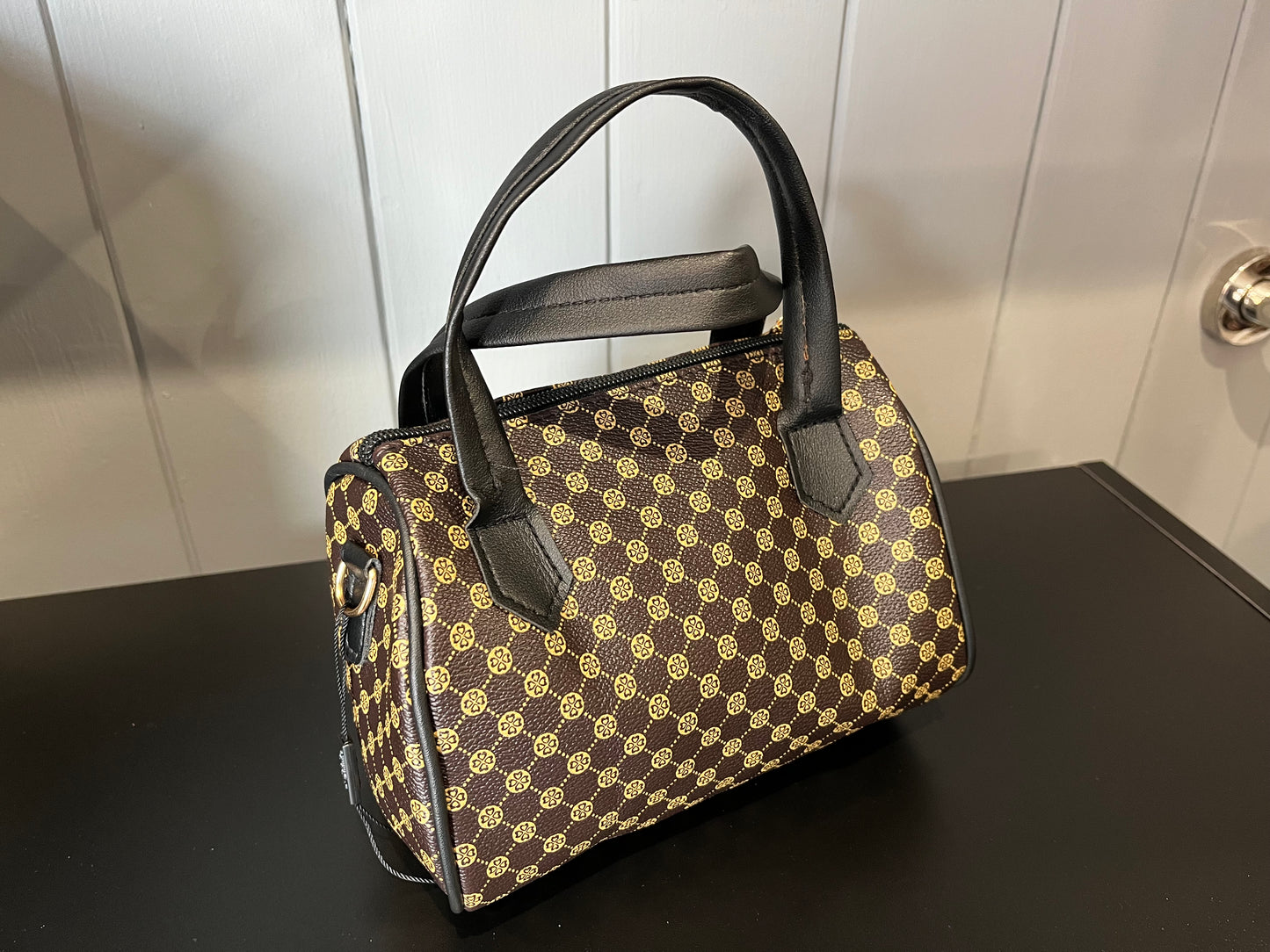 Brown contrast printed handbag with detachable strap