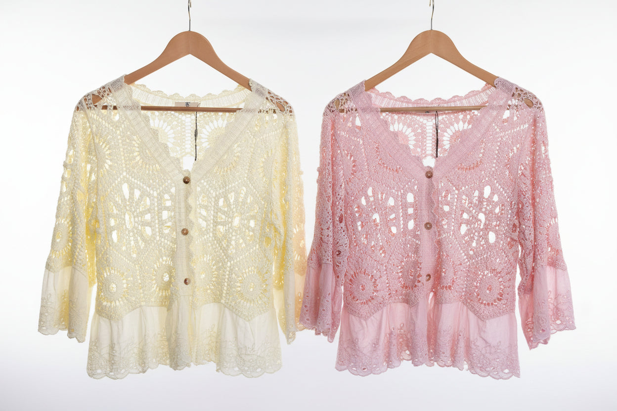 button front crochet cardi with embroidery angles hem