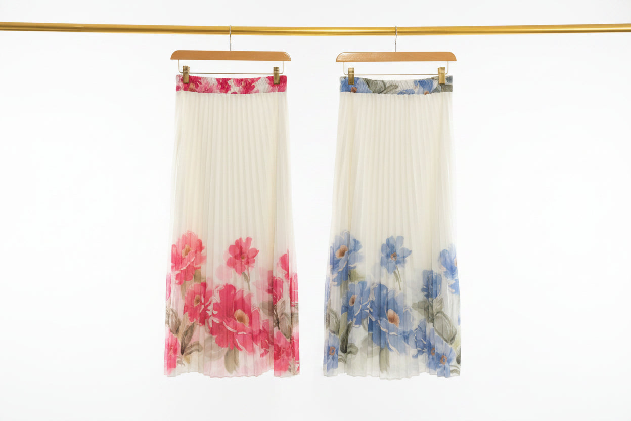 ladies long floral printed pleated skirt
