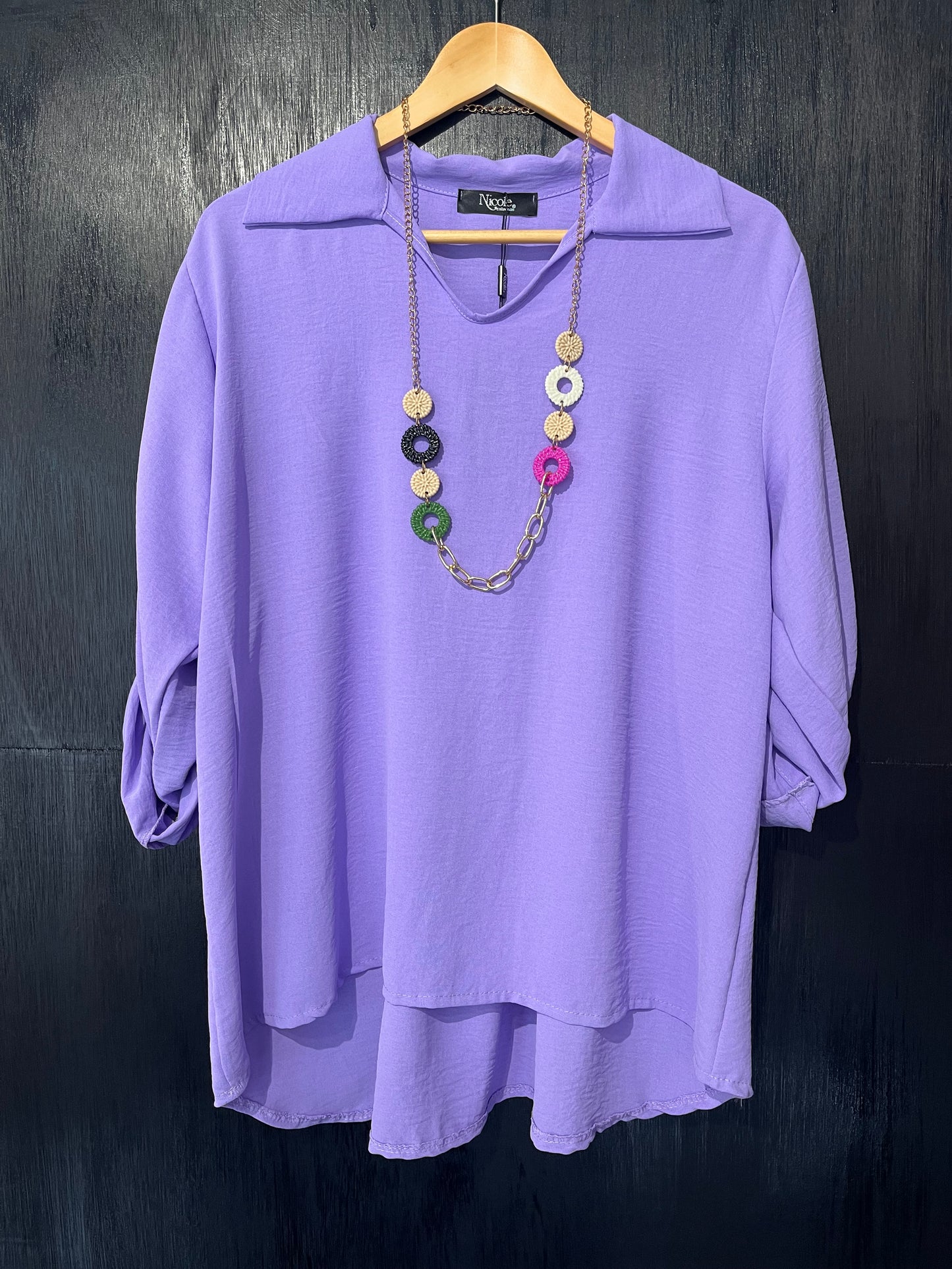 button roll slv shirt style top with necklace