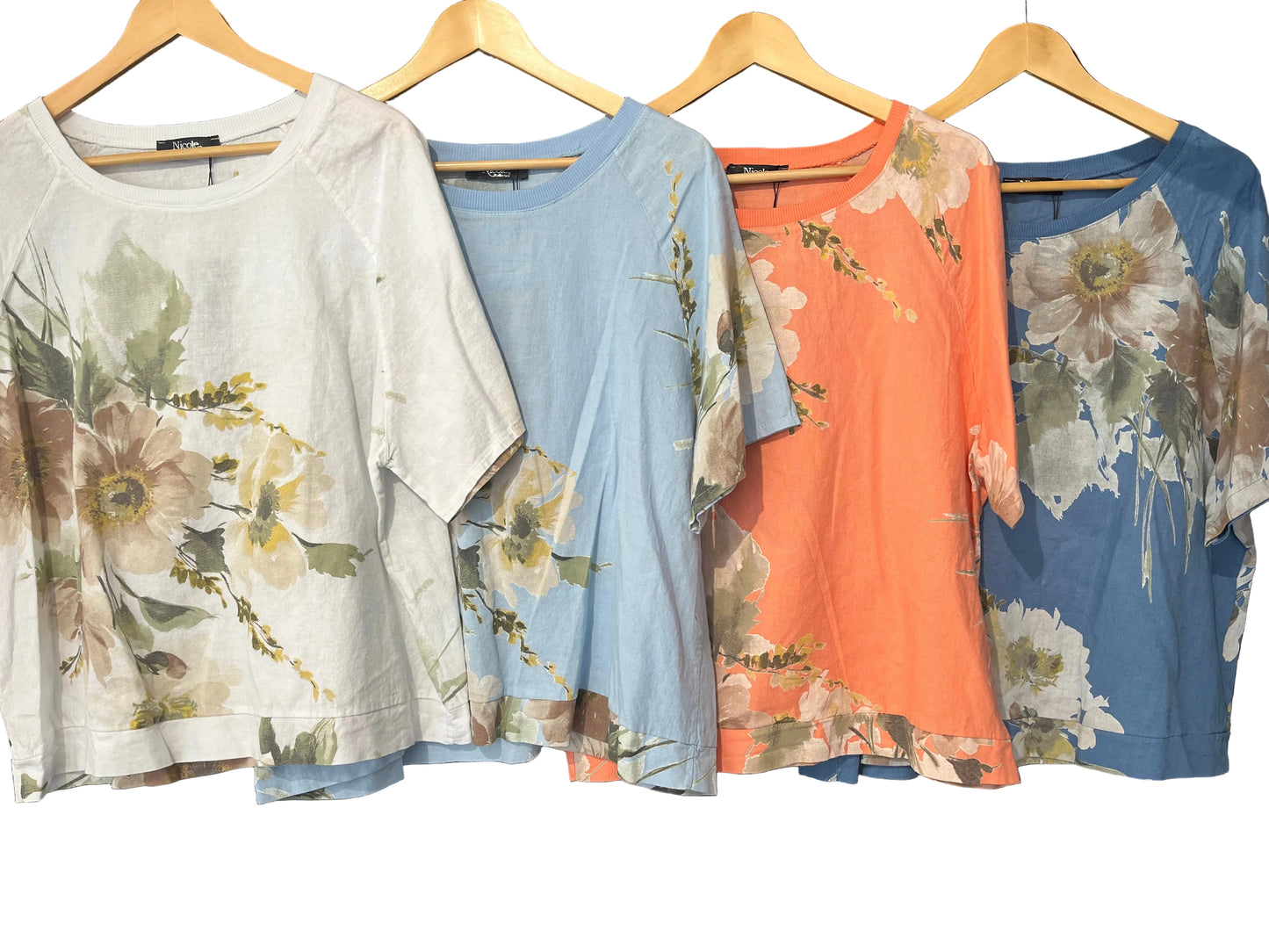 ladies box tee with all over floral print and ribbed neckline