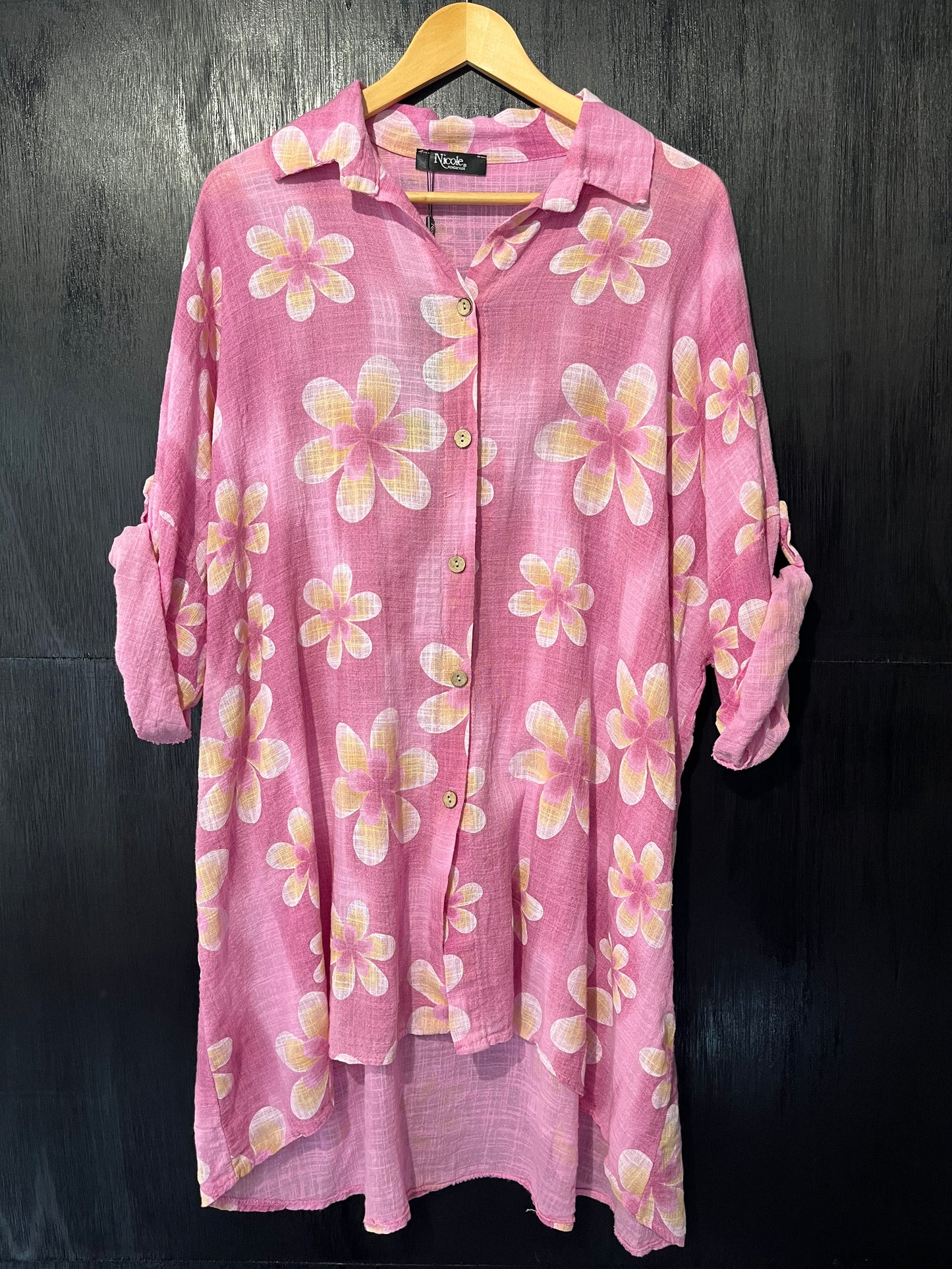 long line all over floral print button shirt with button roll slv