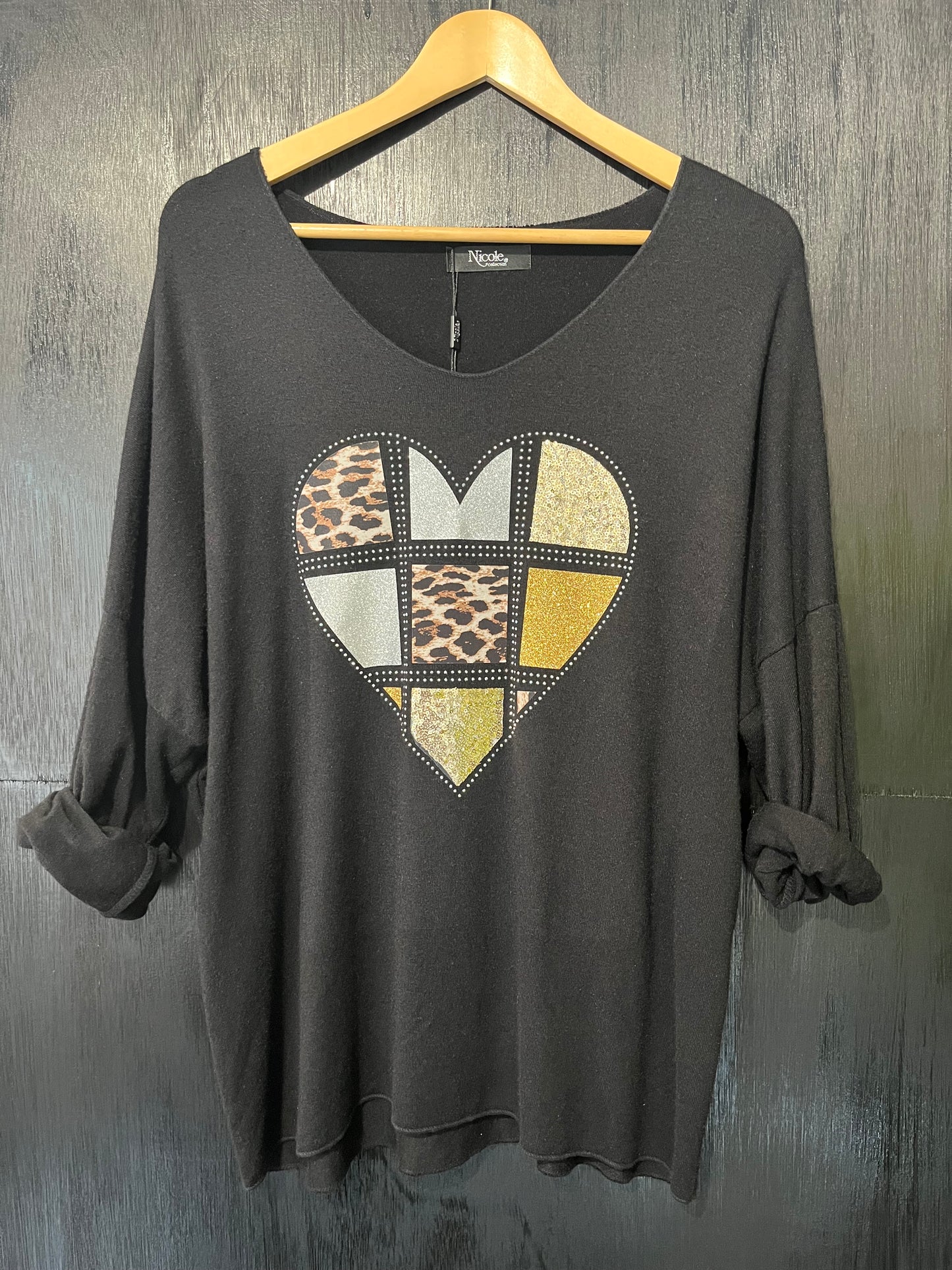 soft knit V neck jumper with embellished foil heart placement print